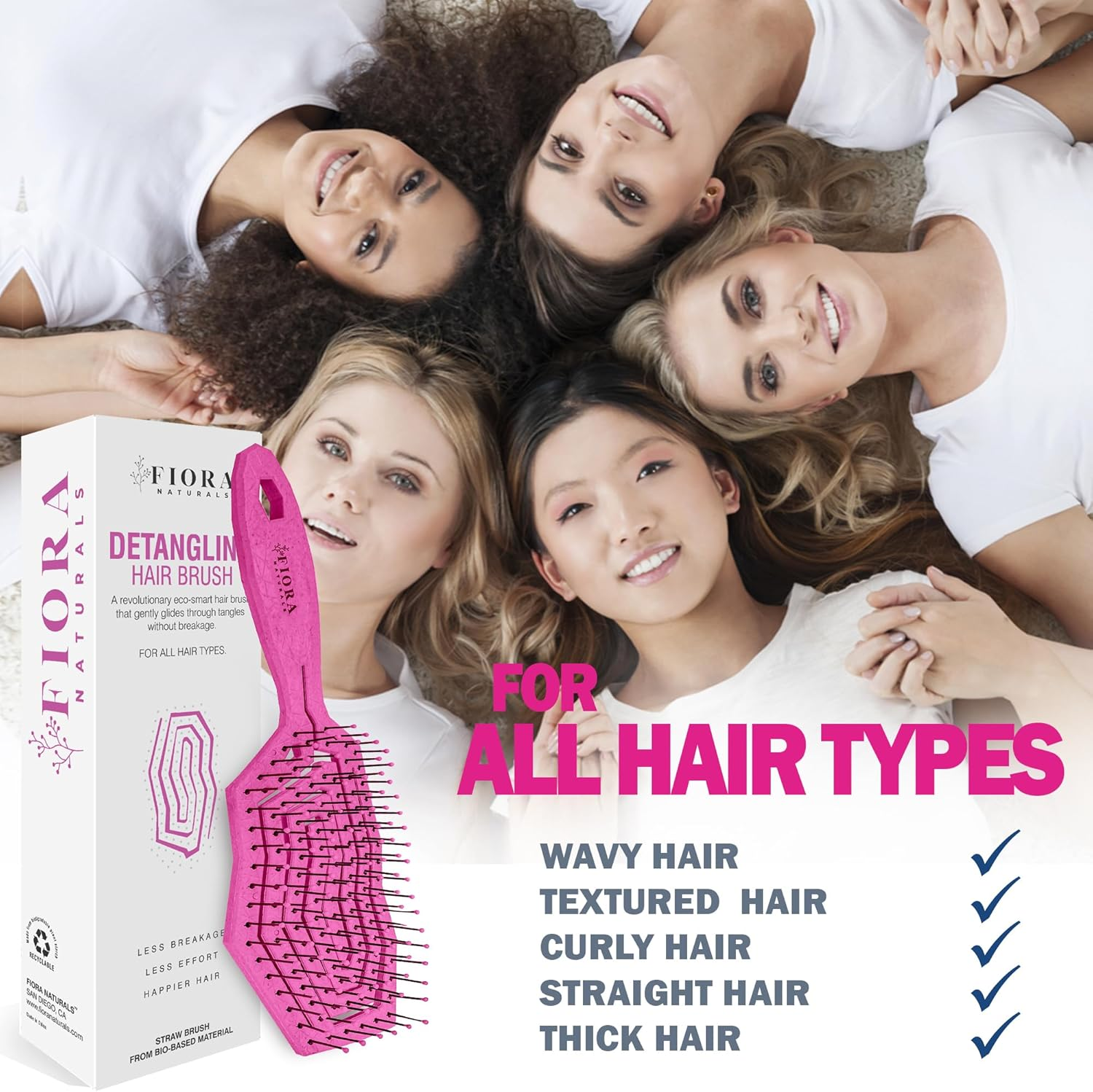 Fiora Naturals Hair Detangling Brush -100% Bio-Friendly Hair Detangler Brush W/Ultra-Soft Bristles- Glide through Tangles with Ease - for Curly, Fine, Women, Men, Kids, Toddlers, Wet and Dry Hair - Hot Pink image number 5