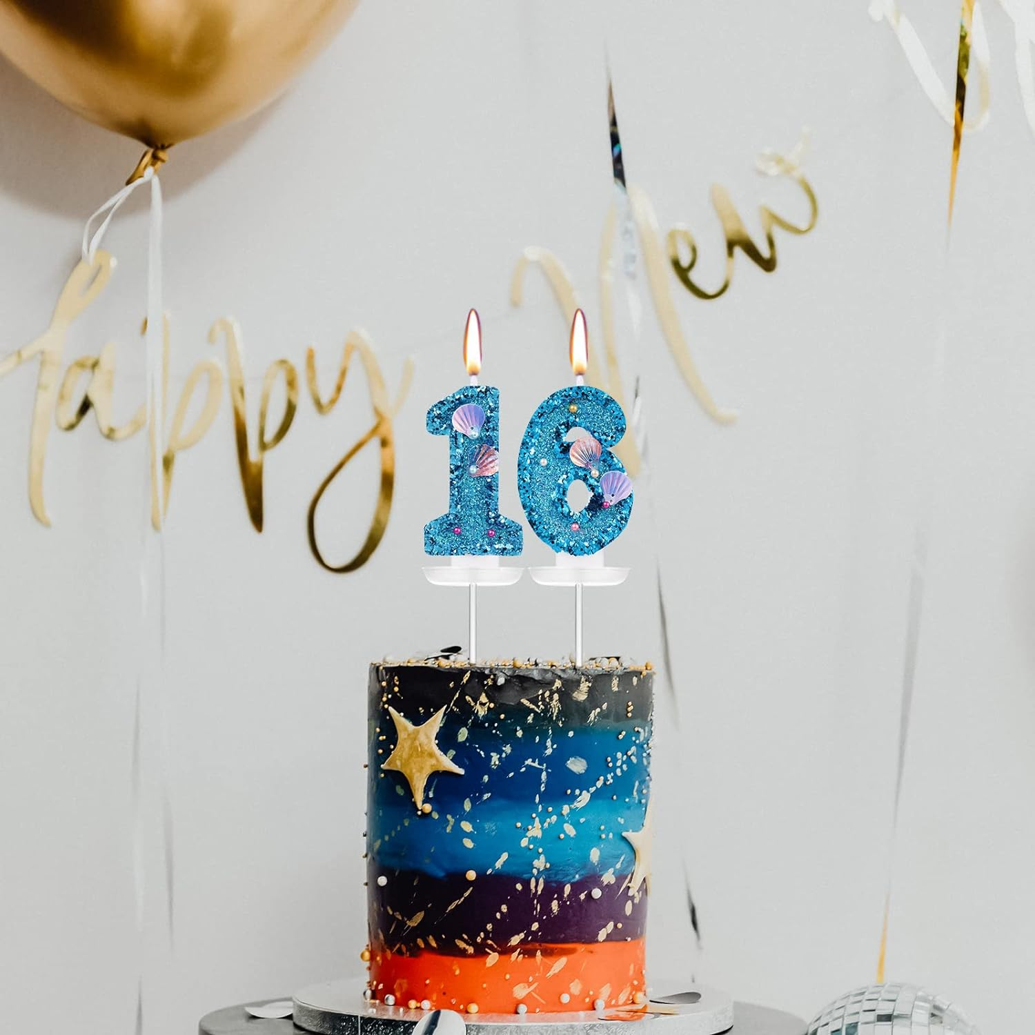 Savita 3 Inch Blue Glitter Number 3 Candle, Modern Starfish Theme, Birthday image number 1