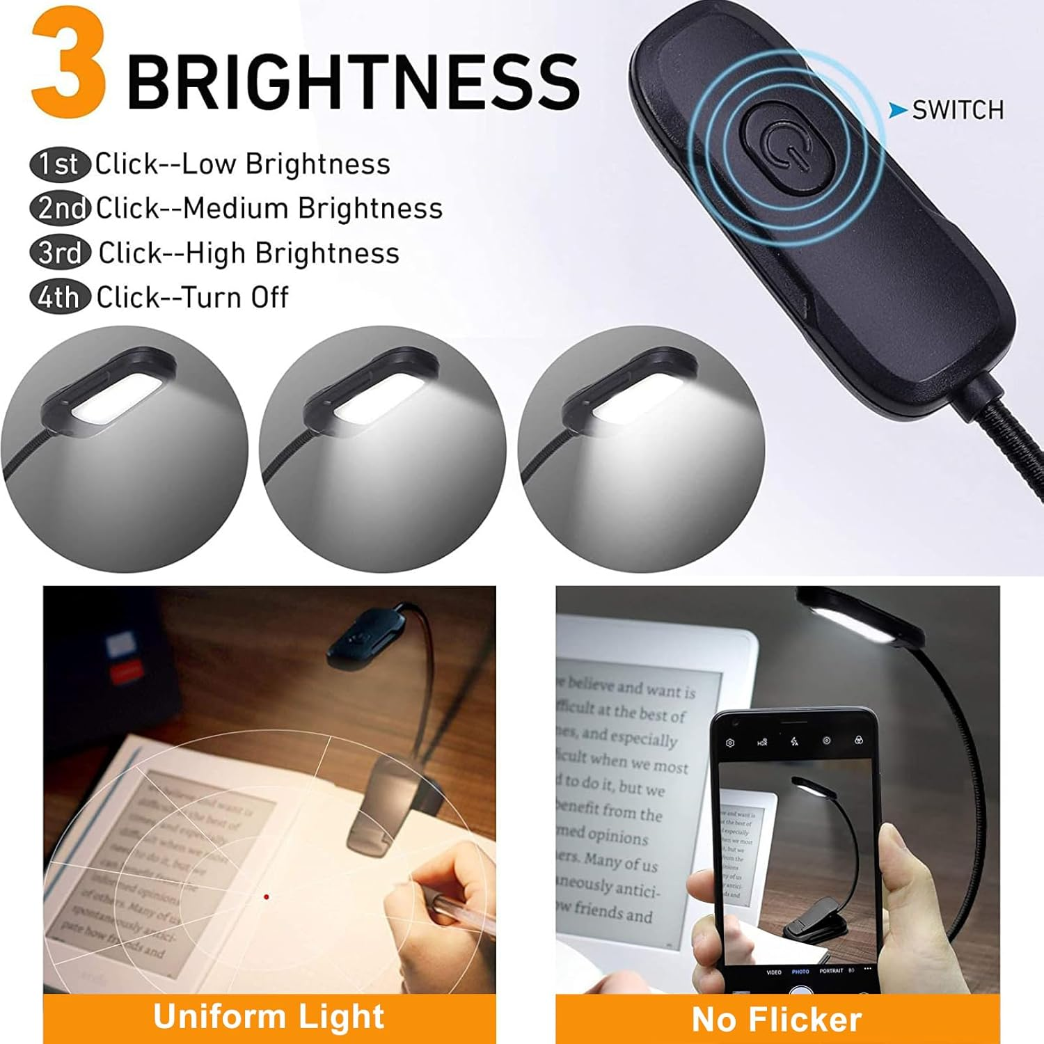 Homiliky Eye-Care Book Light, 3 Mode & Stepless Dimming Reading Lamp, Type-C Rechargeable, 360&deg; Flexible Gooseneck for Bedside Reading, No Blue Light Hazard, High Color Rendering Index image number 4