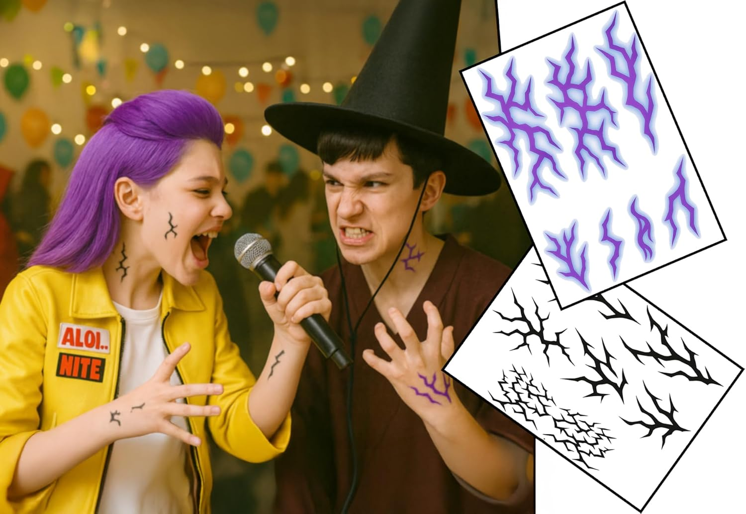 K-Pop Style Tribal Temporary Tattoos &ndash; Are You the Guardian or the Demon? 2 A5 Sheets of Black & Purple Fantasy Markings for Cosplay, Festivals & Halloween