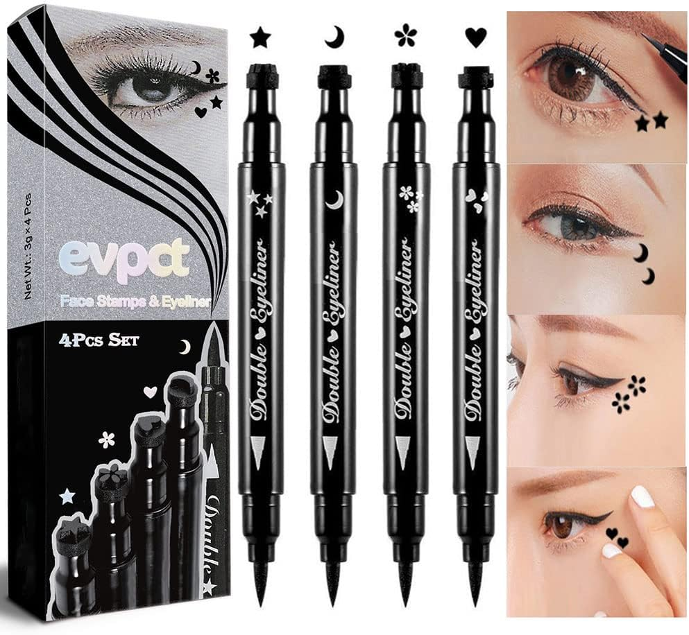 Evpct 4In1 Star Flowers Hearts Moon Face Stamps Eyeliner Makeup Set, Black Colored Liquid Winged Wing Eyeliner Stamp Wingliner, Waterproof, Star Eye Liner Stamp Figures Tool image number 4