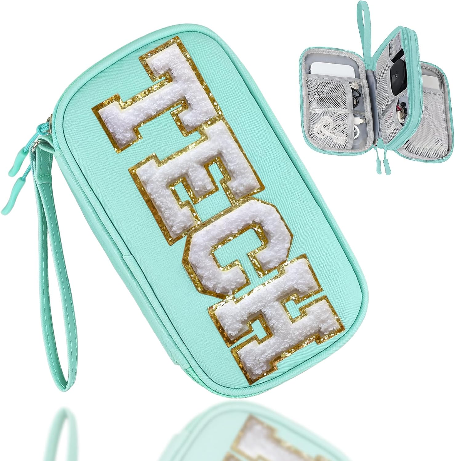 COSHAYSOO Electronics Organizer Bag Travel with Chenille Letter Patch TECH Traveling Must Have Accessories Cute Personalized Gift for Women Cable Cord Charger Storage Pouch (Greenish Blue) - Black-Scenic Spots image number 1