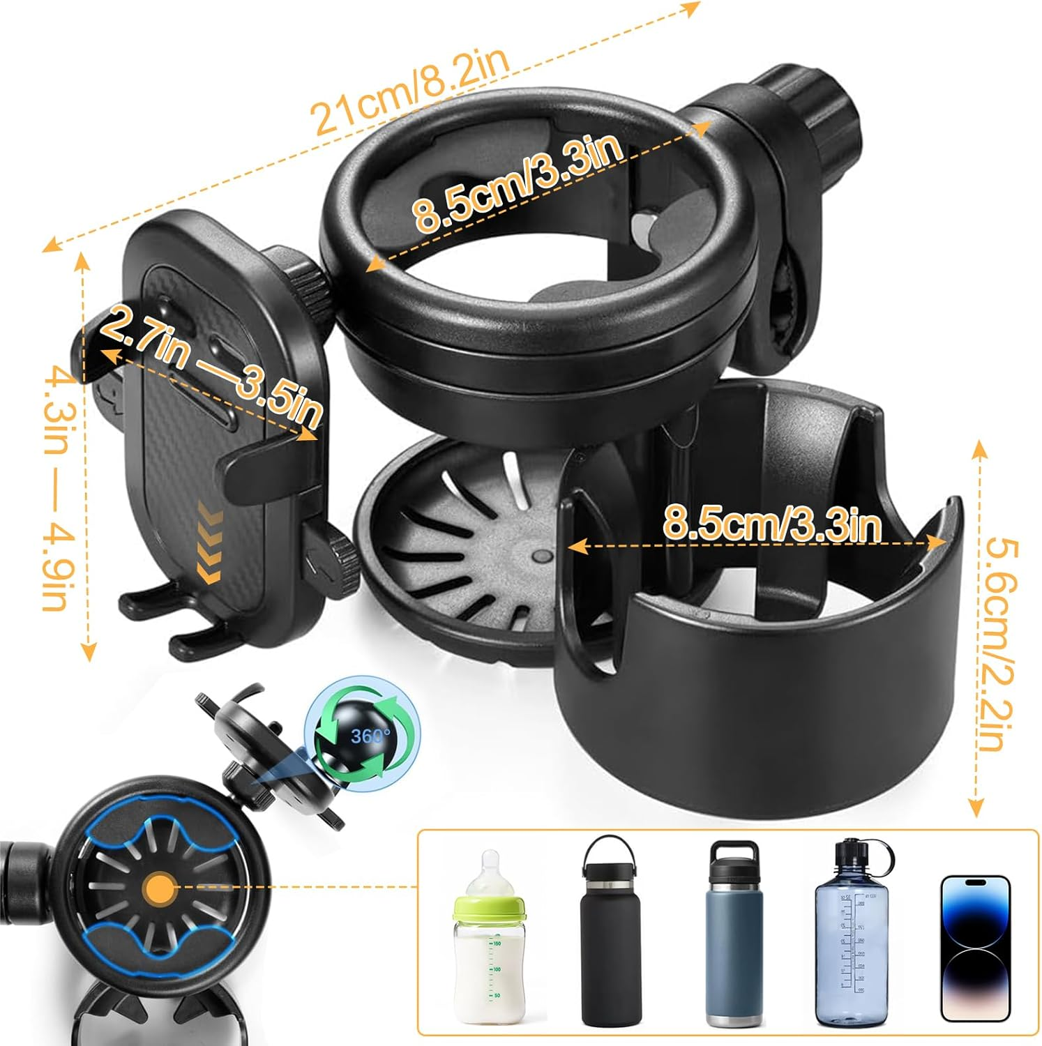 Stroller Cup Holder with Phone Holder, Universal 360 Degree Rotation Pram Drink Holder, 3-In-1 Strollers Storage Rack for Pushchair, Wheelchair, Bike, Wheelchair, Walker, Fits Most Cups (Black) image number 5