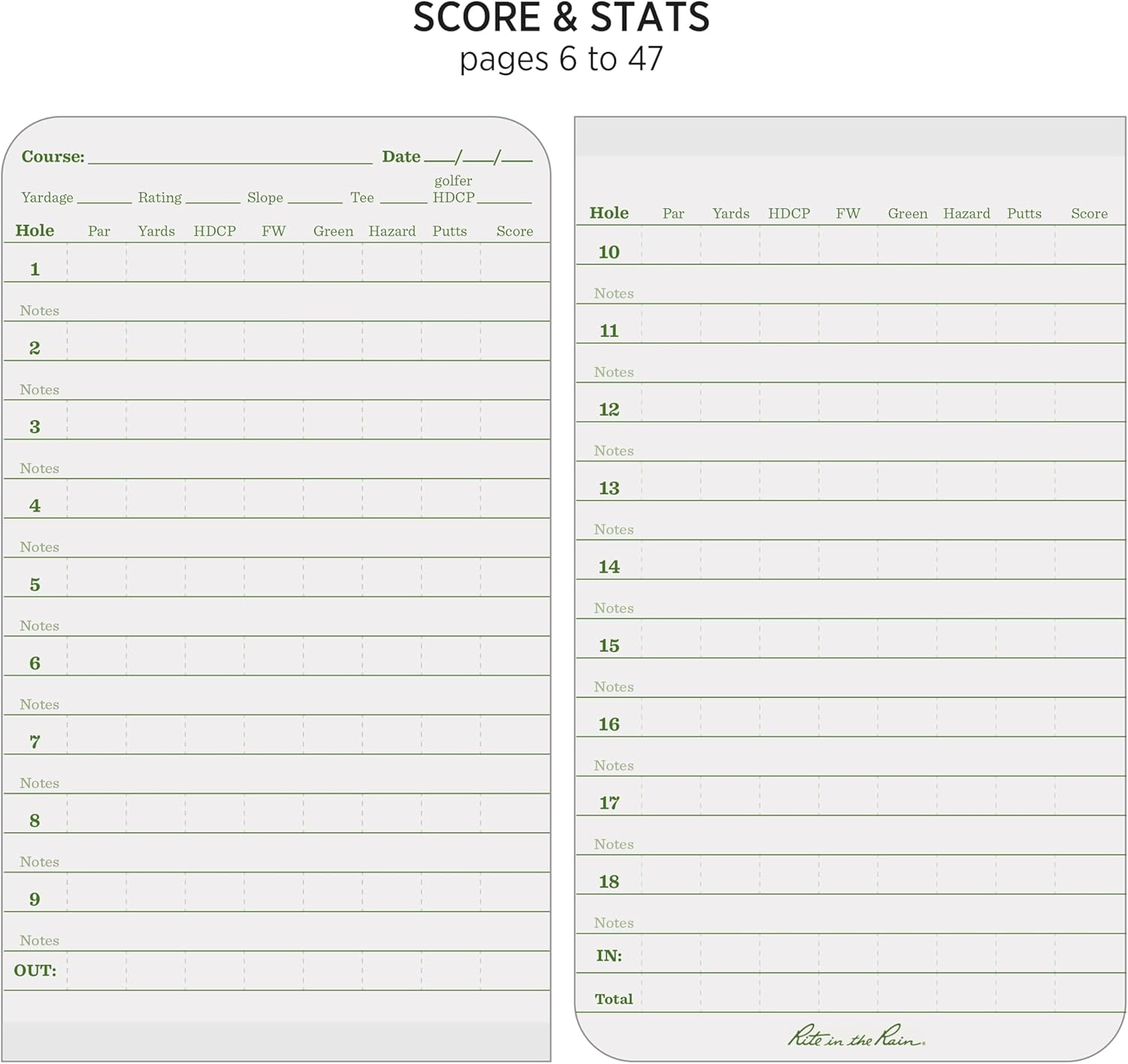 Rite in the Rain All Weather Golf Notebook, 3.5" X 6", Green Field Flex, Club Yardage Book & Hole Notes (No. 4) image number 6