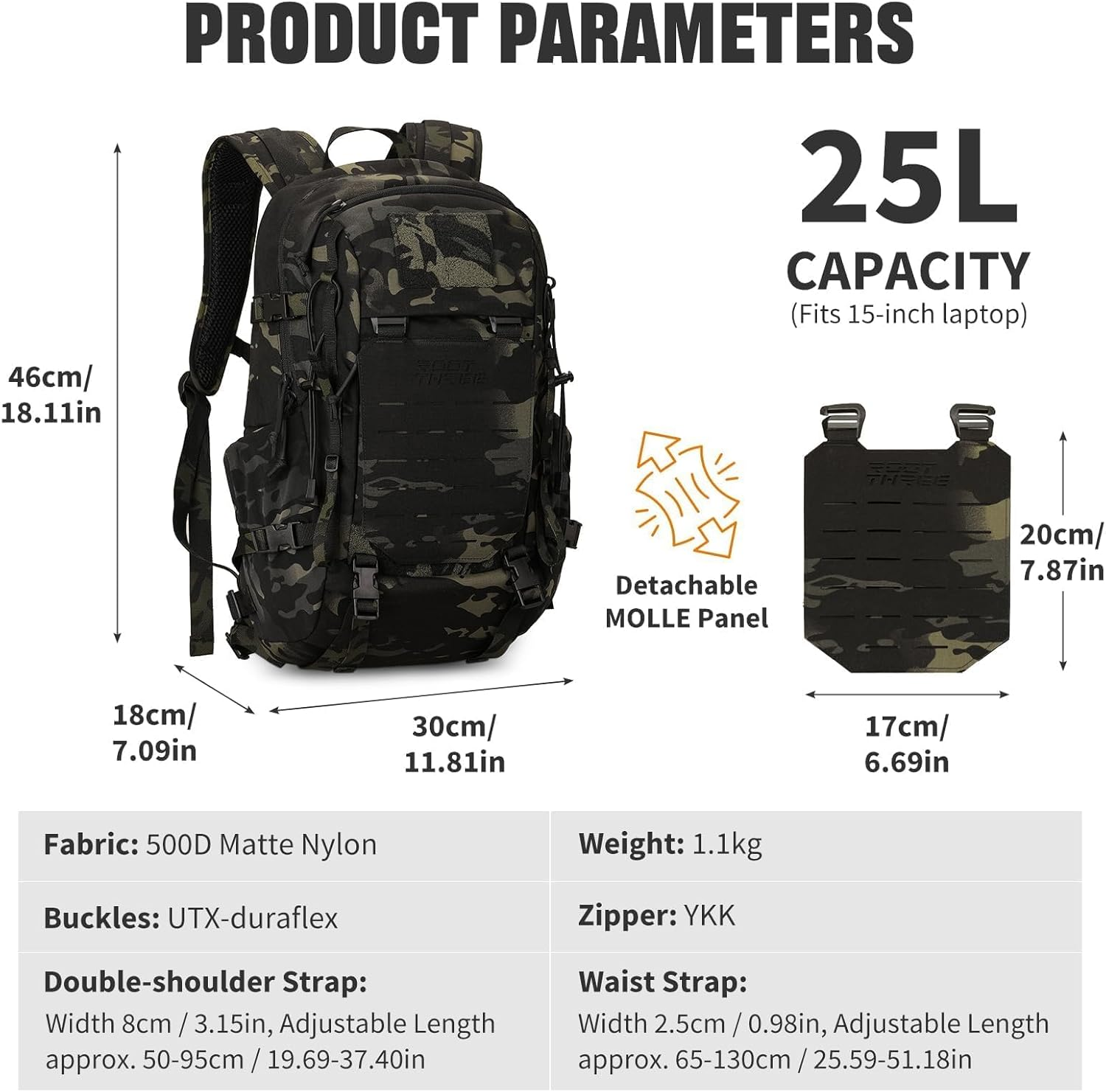 ROOT THREE 25L Tactical Backpack, Small Hiking Backpack with Expandable MOLLE Front, Biking Motorcycle Backpacks for Men image number 4