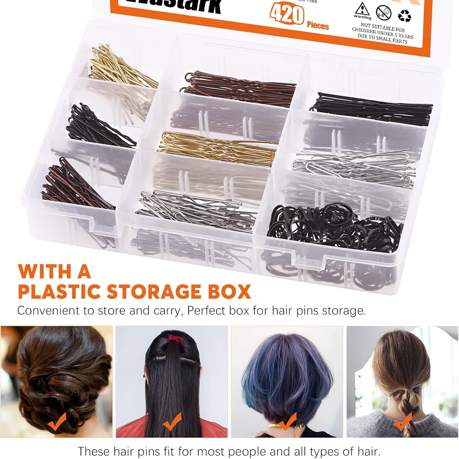 Rustark 420Pcs 2 Styles Hair Pins Kit with Storage Box, Includes Black Bronze Gold Silver Bobby Pins Buns U Shaped Hair Pins and Rubber Hair Bands for Women Girls Kids for All Hair Types image number 4