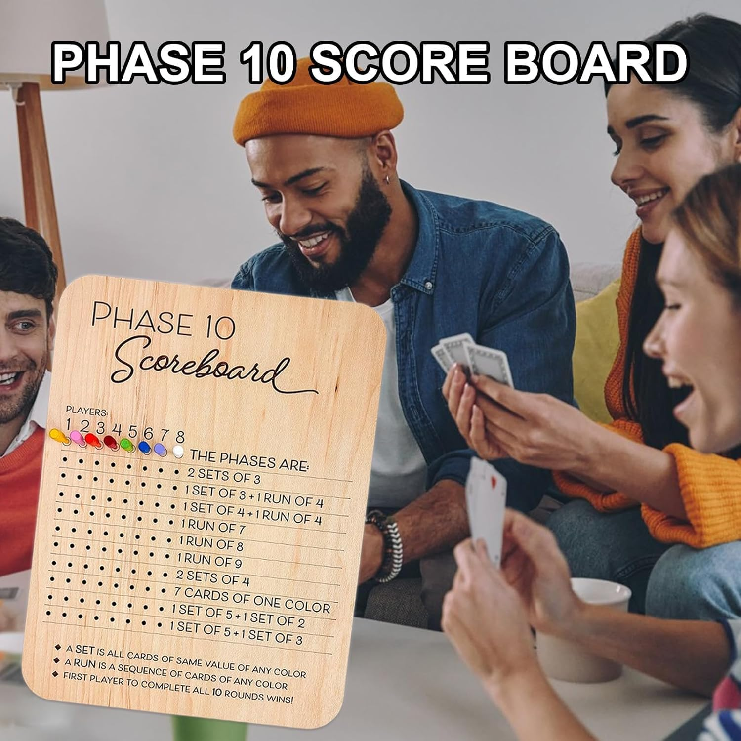 Phase 10 Score Board, Wooden Phase 10 Score Sheets with 8 Colored Pegs, 10 Scorecard and round Tracker, Classic Family Adults Board Card Games Night Table Score Boards (Scoreboards-1Pcs) image number 1