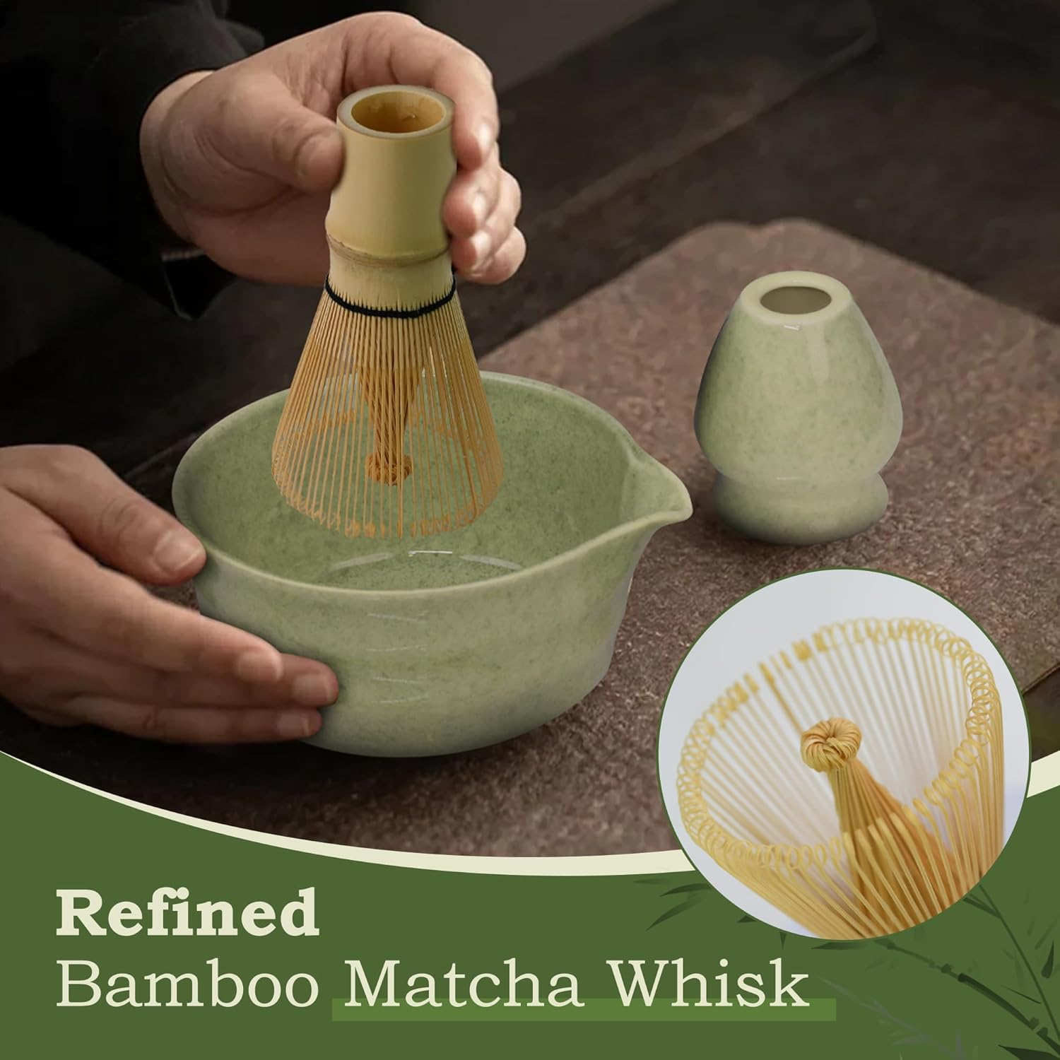Myrthra 5PCS Matcha Whisk Set, Matcha Bowl with Spout, Bamboo Whisk, Bamboo Scoop, Ceramic Holder and Stainless Sifter for Tea Matcha Lover (Jade) image number 4