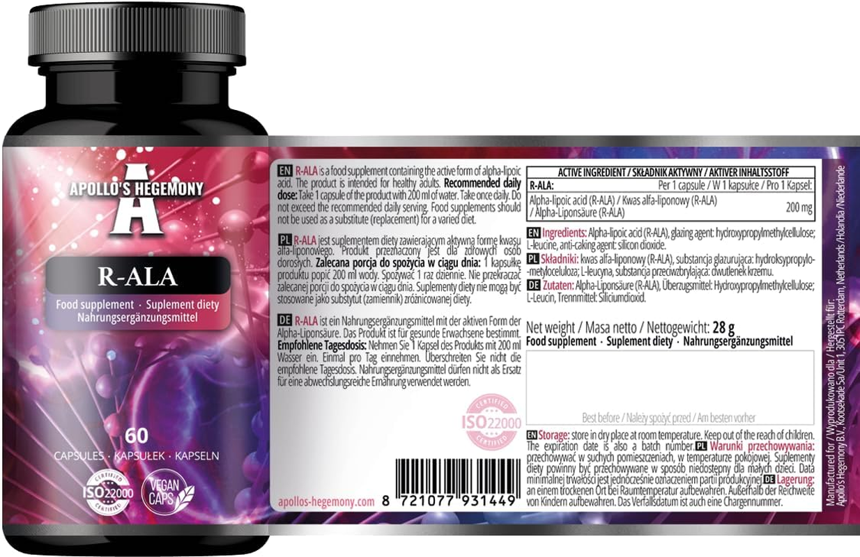 R-Alpha Lipoic Acid 200 Mg per Capsule - 60 Vegan Capsules - 2-Month Supply - Supports Glucose Metabolism and Mitochondrial Health - by Apollo'S Hegemony image number 6