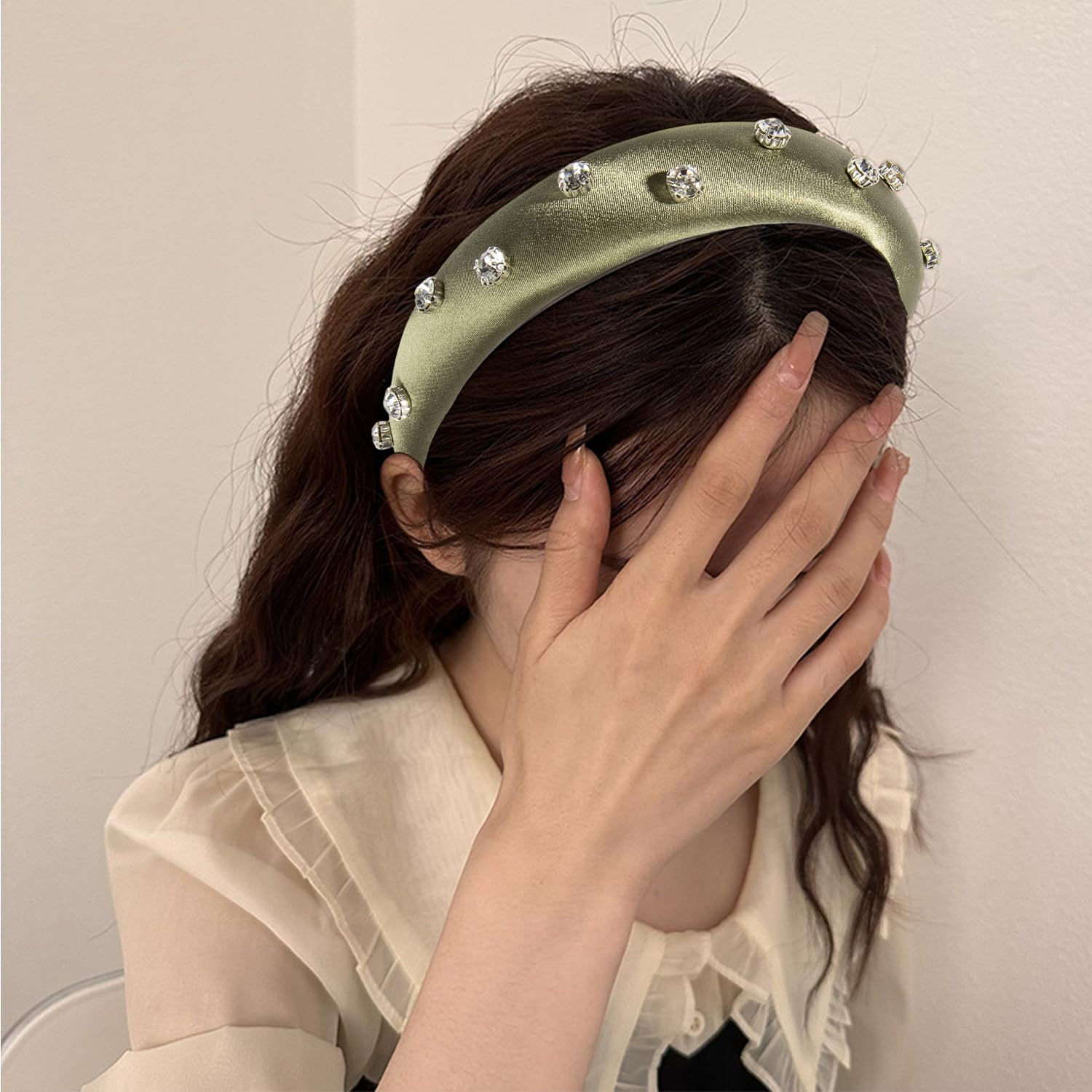 1 Piece Green Diamond Rhinestone Satin Fabric Headband Plastic Headband Suitable for Hair Accessories Unisex (Green) image number 4