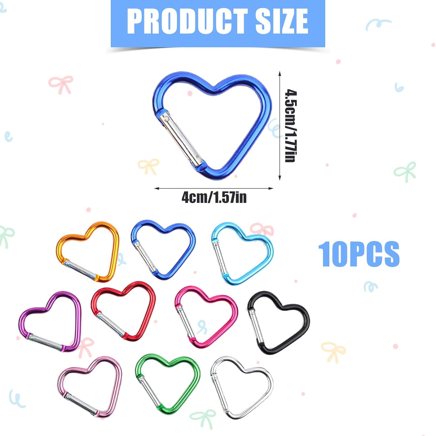 10Pcs Heart Shaped Carabiner, Aluminium Alloy Cute Carabiner Clip Snap Hook Key Holder Heart Keychain Clip Key Ring for Camping Backpack Water Bottle Key Chain image number 5