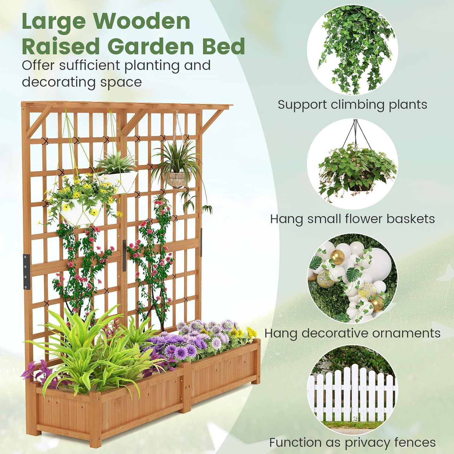 Costway 183 CM Tall Large Raised Garden Bed W/Lattice Trellis, Hanging Roof, Drainage Holes, Elevated Wooden Planter Box for Vine Climbing Plant Flower Herb Vegetable, Indoor Outdoor Patio Balcony - Coffee image number 6