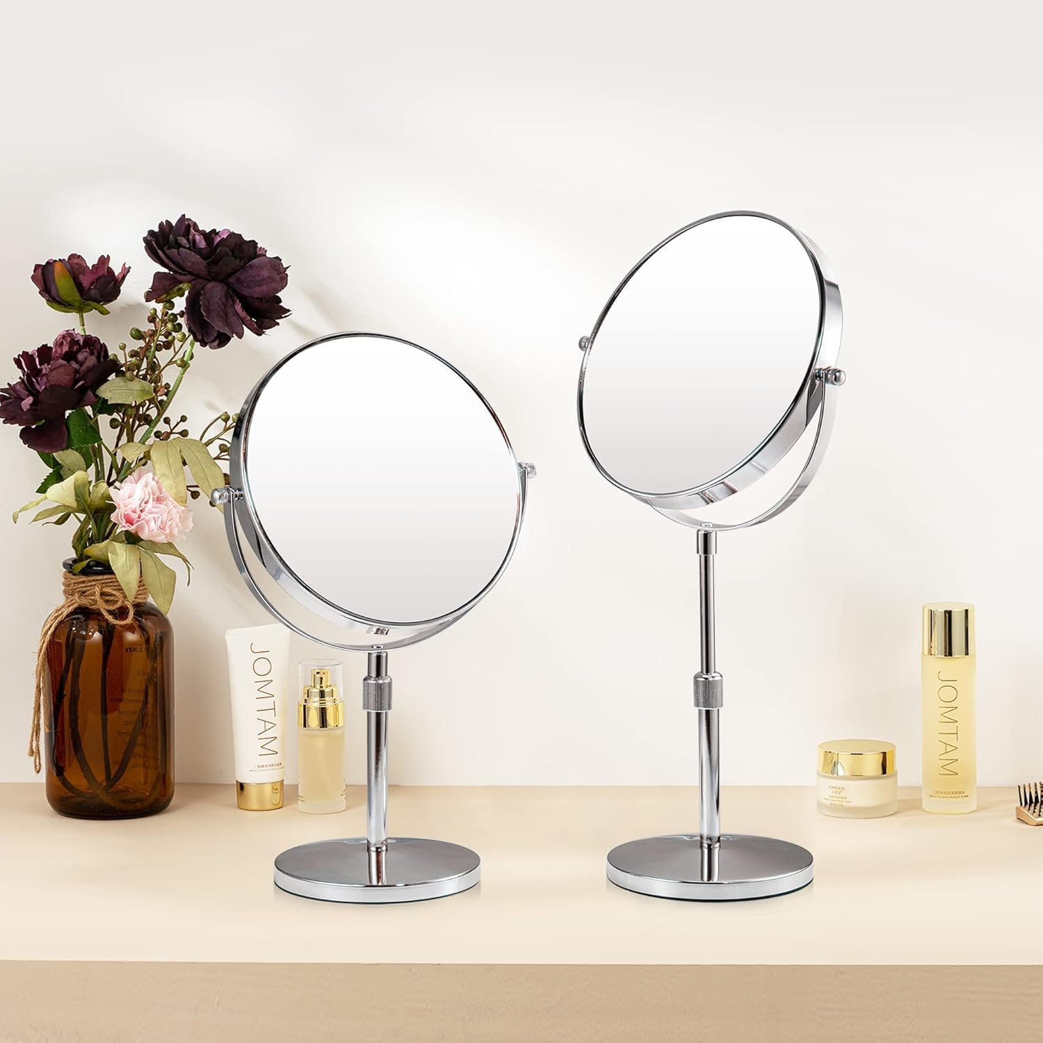 Zarek 8 Inch Makeup Mirror with 10X Magnification, Make up Mirror Double-Sided, Table Mirror with Pedestal for Shaving, Standing Mirror Height Adjustable Chrome Finish (8 Inch, 10X)