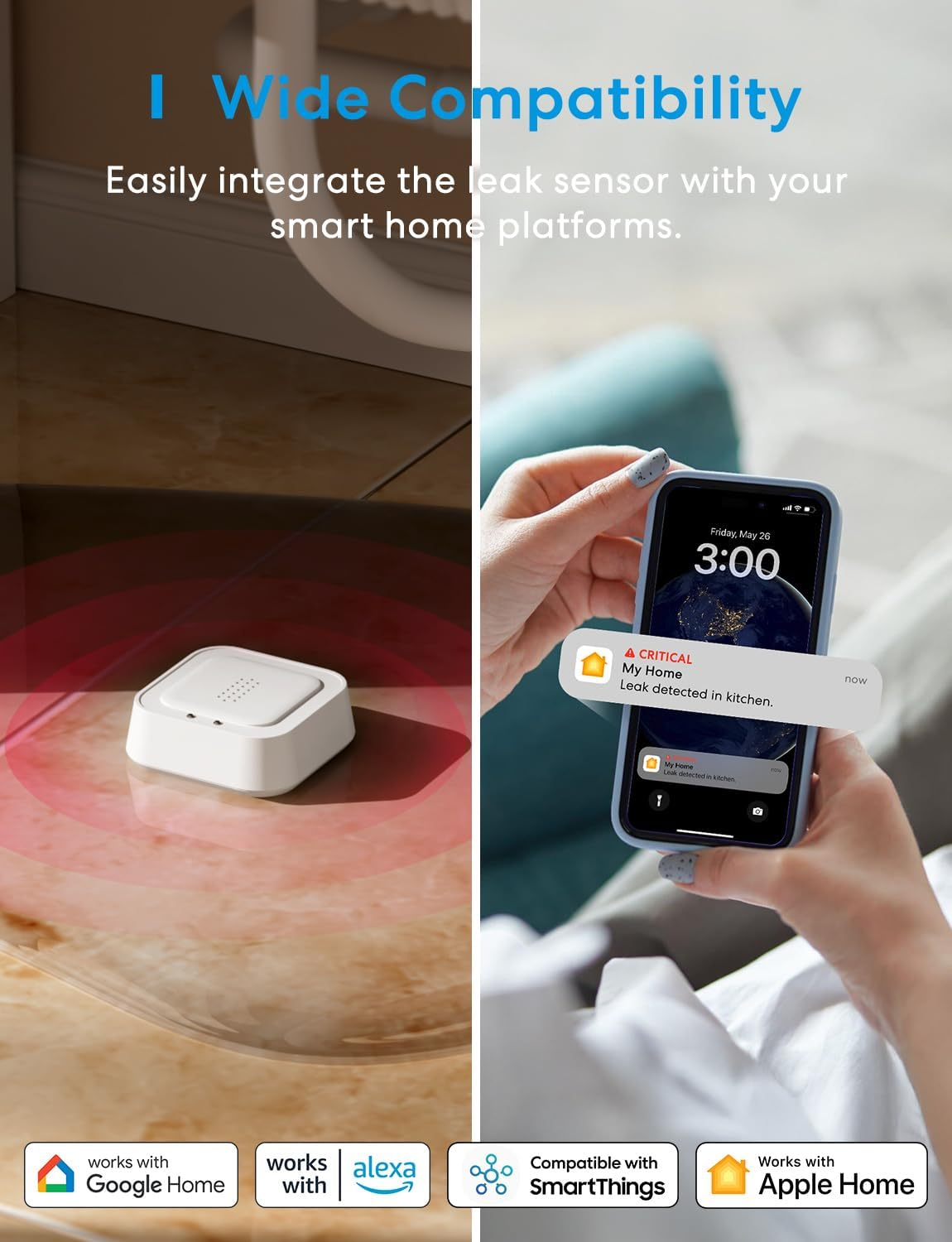 Meross Smart Water Detector with Hub | Water Leak Sensor WLAN IP66 | up to 100 Db Sensor & App & Hub Alarm | Smart Water Alarm Detector for Kitchen, Bathroom, Basement | Battery for 3 Years | 2.4 Ghz image number 4