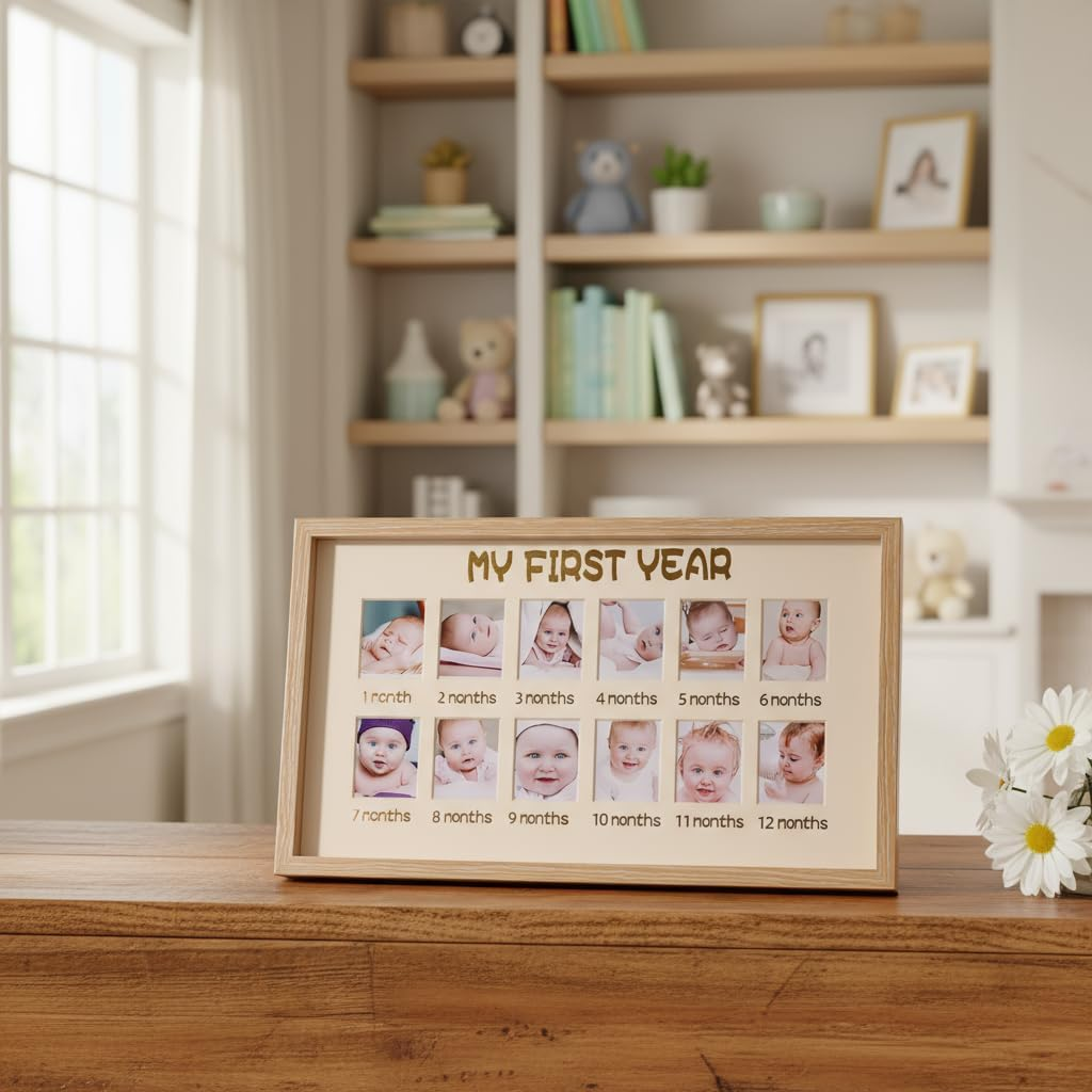 My First Year Photo Frame,12 Months Baby Picture Frame, Monthly Baby'S One Year Birthday Milestone for Baby Shower, New Mom Gift and Nursery Decor 37 &times;22&times;3Cm image number 2