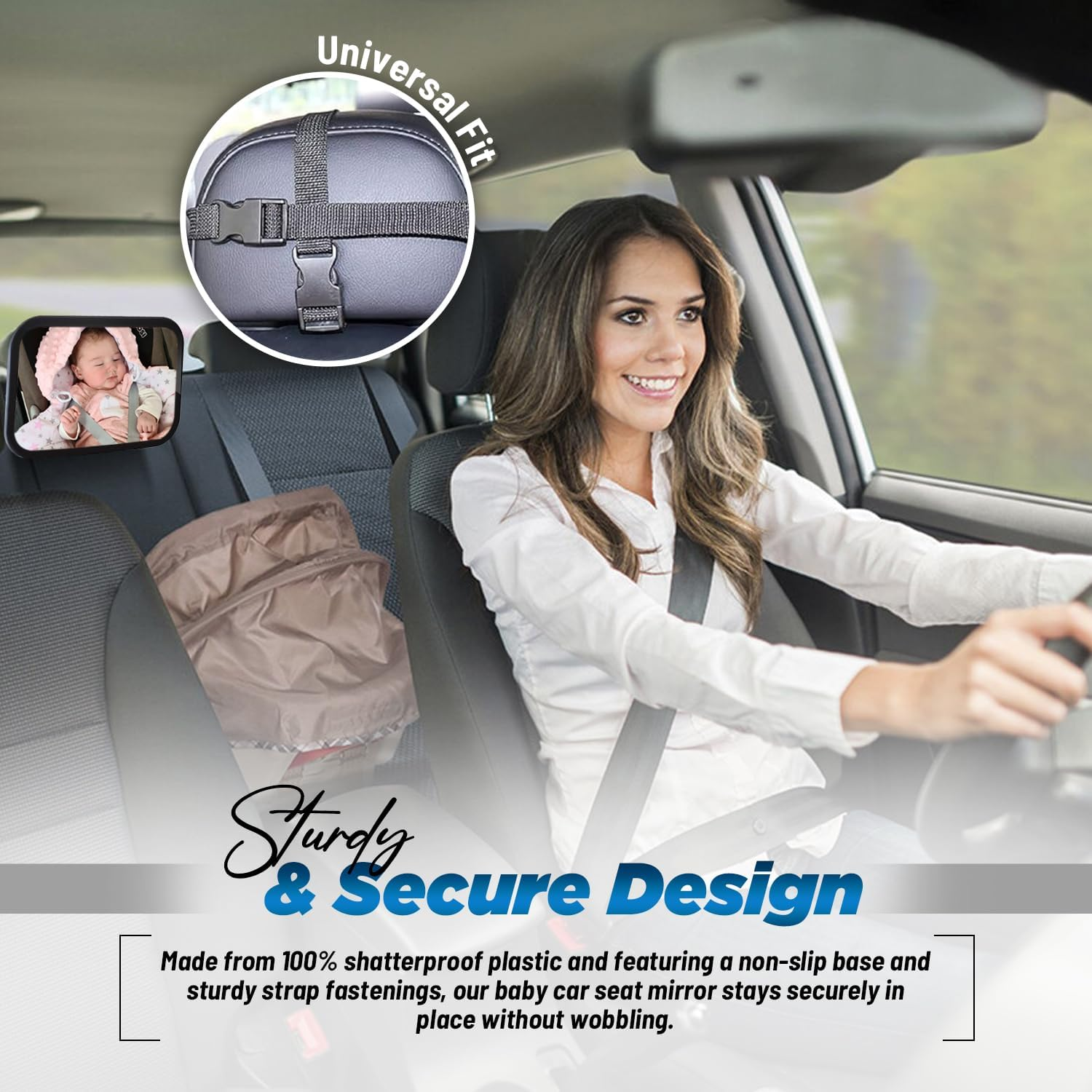 Black Rear View Baby Car Seat Mirror - 360&deg; Rotatable & Adjustable for Clear, Wide View of Rear Facing Infant, Universal Fit, Shatterproof Plastic, Easy Installation with Bonus 'Baby in Car' Sticker image number 2