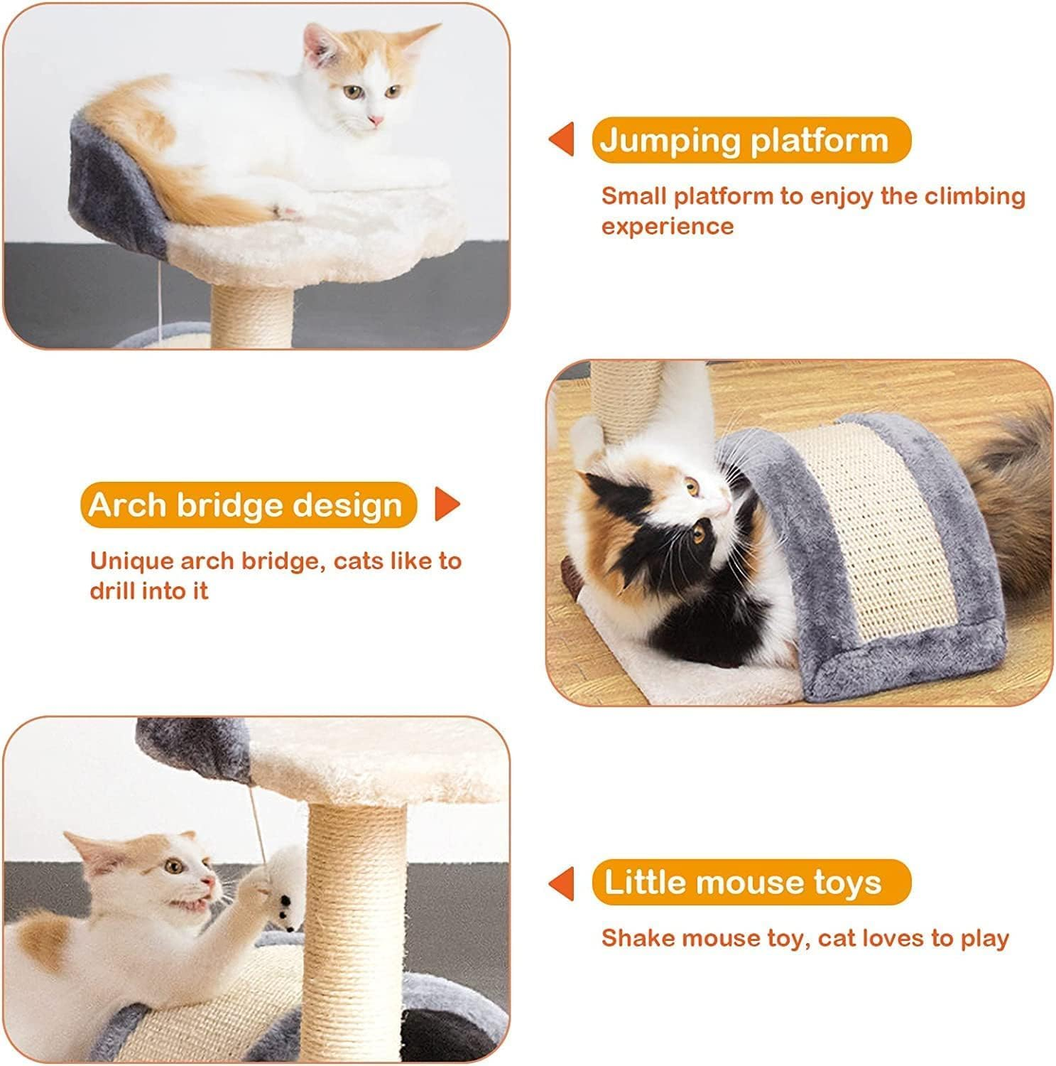 Cat Scratching Post, Cat Scratcher Tree with Cave Cat Tower and Condos Natural Sisal Post with Perch Platform, Scratching Posts for Indoor Cats for Small or Medium Pets Kitties (White Gray) image number 3