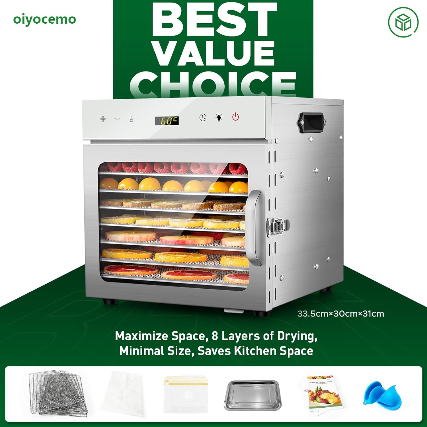 Oiyocemo Stainless Steel Food Dehydrator, 8 Tray Fruit Dryer Machine with Free Recipe Book, Bpa-Free, 30~90℃ Temperature Setting, Max 24H, Dehydrator Food Dryer UK for Vegetables, Meats image number 4