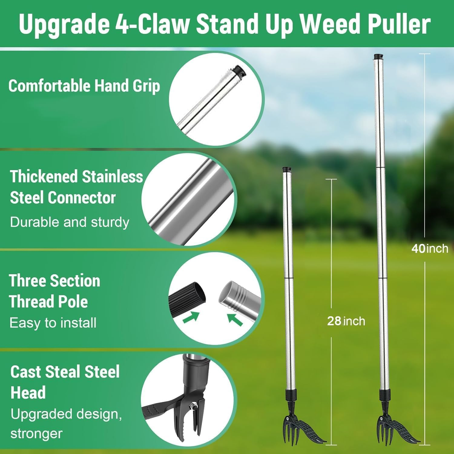 Weed Puller Tool, 4-Claw Stand up Weeder with Adjustable 46&rdquo; Handle for Remove Weeds without Bending, Pulling or Kneeling image number 6