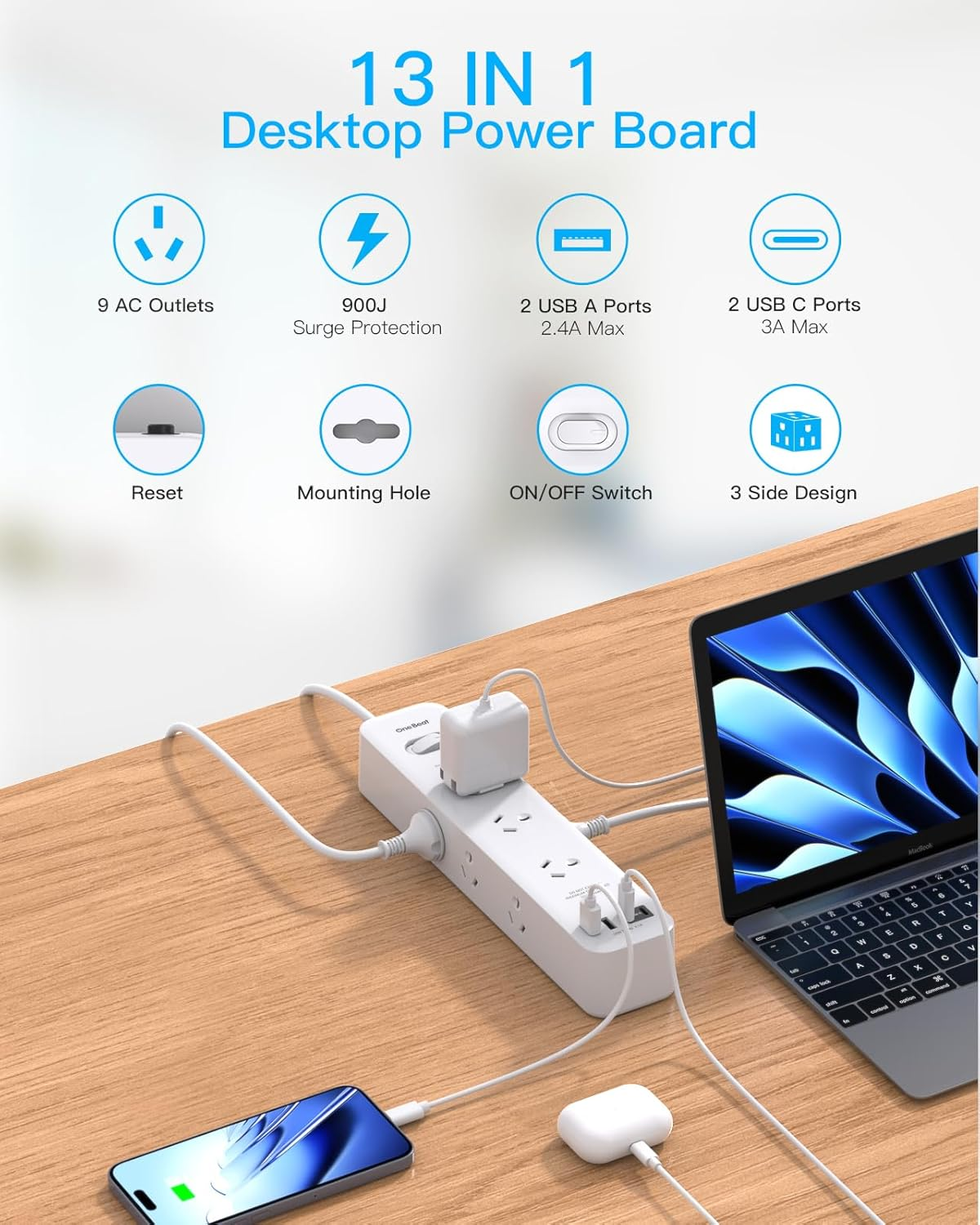 One Beat Surge Protected Power Board with 9 AC Outlets & 4 USB Ports (2&times;USB-C), USB Power Board with 1.8M Extension Cord, 900J Surge Protector,Wall Mount for Office, Dorm, Home Essentials image number 6