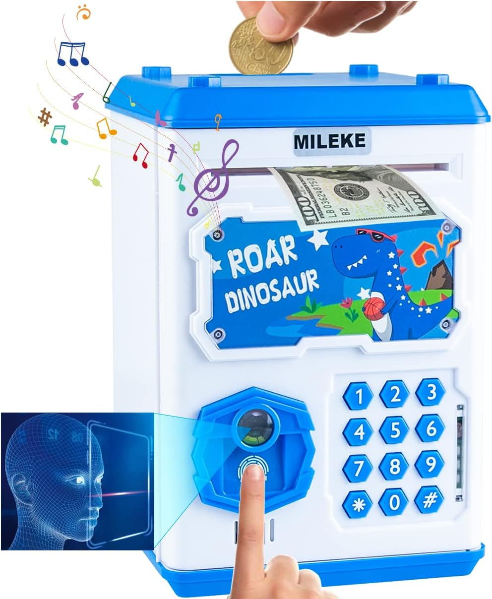 MILEKE Electronic Piggy Bank for Kids Toys, Password + Fingerprint/Face Recognition, ATM Money Bank, Auto Roll-In Cash Safe & Coin Saving Bank, Blue Dinosaur image number 2