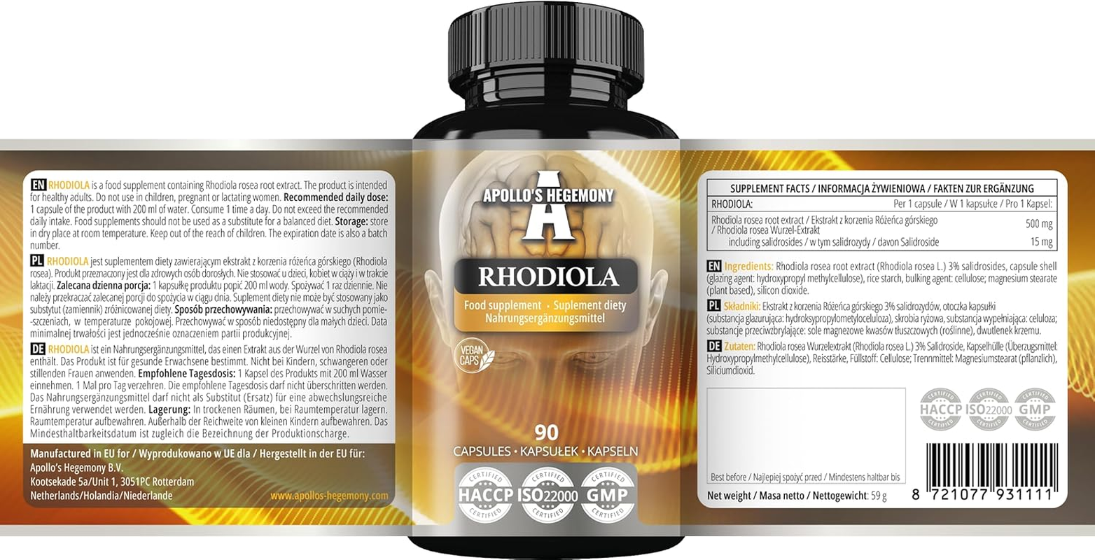 Rhodiola Rosea 125 Mg, Rose Root Extract (3% Salidroside), 90 Vegan Tablets, 12 Month Supply, Herbal Supplement to Reduce Fatigue and Improve Well-Being - by Apollo'S Hegemony image number 1