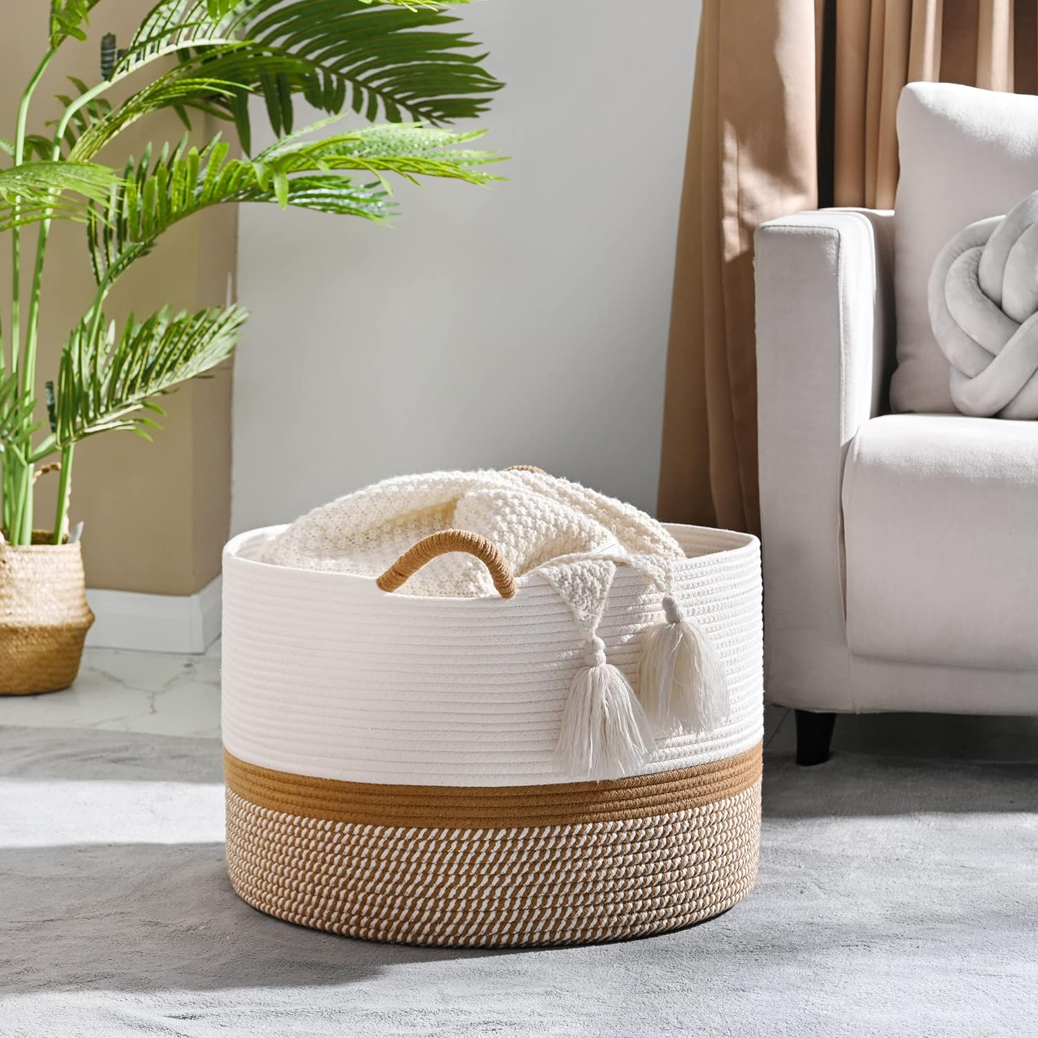 KAKAMAY Large Blanket Basket (20"X13"),Woven Baskets for Storage Baby Laundry Hamper, Cotton Rope Blanket Basket for Living Room, Laundry, Nursery, Pillows, Baby Toy Chest (White/Brown) - Black image number 6