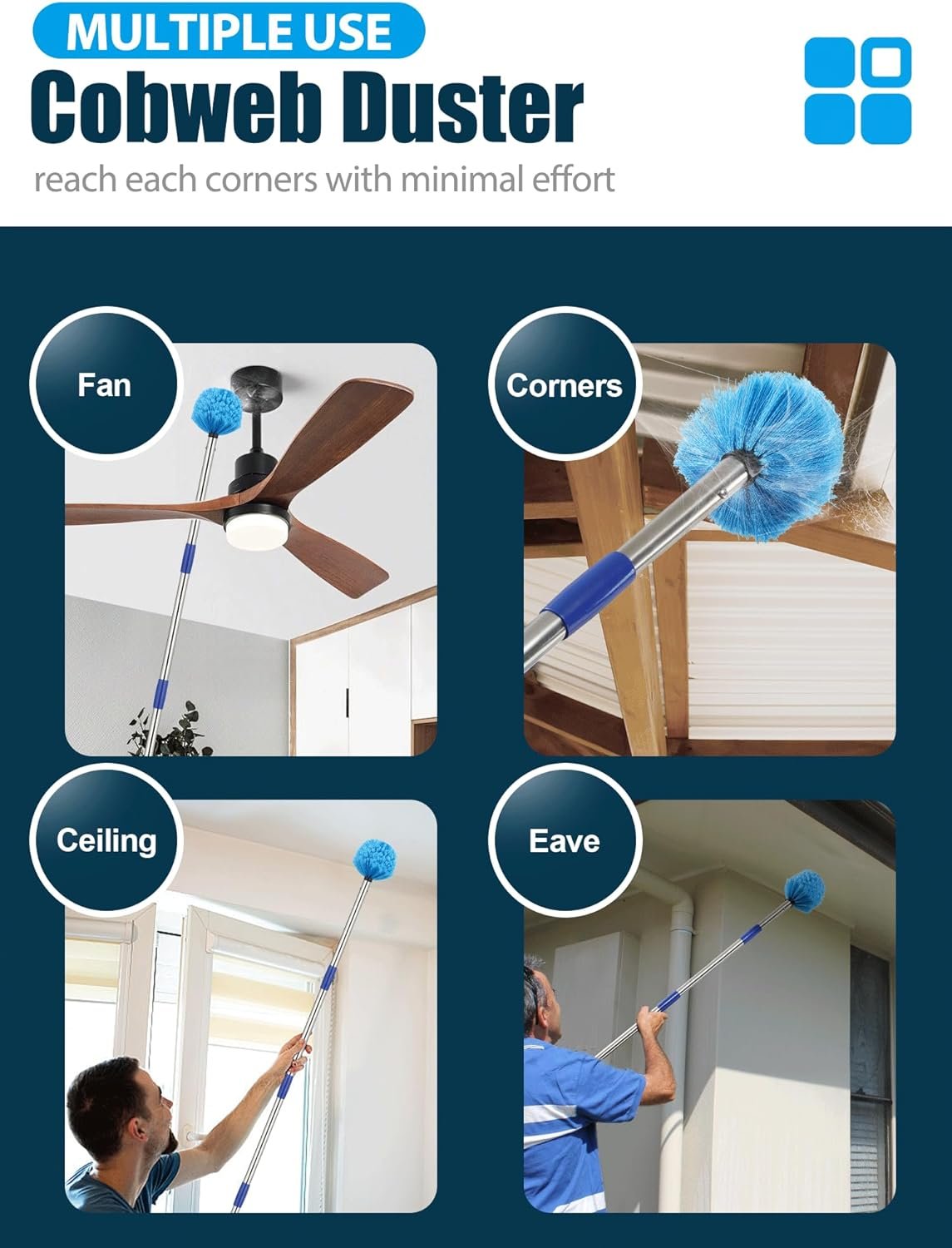 Cobweb Duster with Extension Pole, 10 Ft Spider Web Brush for Outdoor House Cleaning, Cob Web Remover for High Ceilings Fans, Medium-Stiff Bristles Head, Adjustable Long Handle, Lightweight Cleaner image number 3