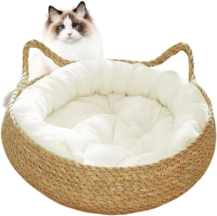 Handmade Woven Straw Cat Bed, Natural Cattail Leaf Nest with Soft Removable Cushion, round Basket Pet House for Cats, Kittens, Small Dogs and Rabbits image number 2