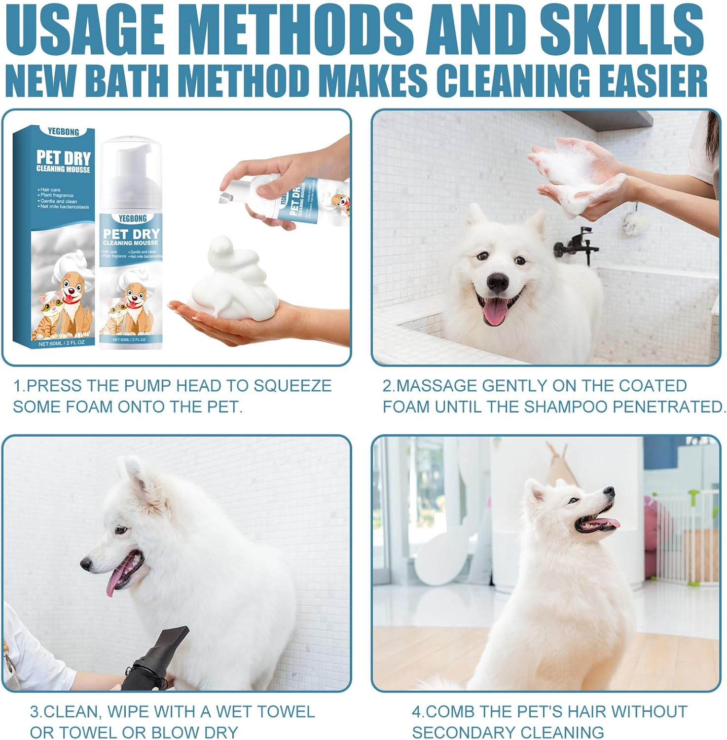 Yegbong Waterless Shampoo Foam for Puppies & Kittens &ndash; No Rinse Pet Cleanser, Odor Eliminating, Gentle Fur Detangler with Fresh Scent &ndash; 60Ml Travel-Size Dry Bath for Sensitive Skin image number 5