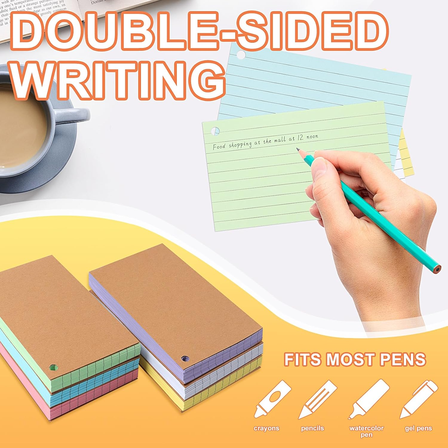 300 Sheet Flash Cards Revision, A7 Lined Index Cards with Kraft Paper, Flashcards with 6 Binder Rings, Cue Cards for Office, School, Home Study Records