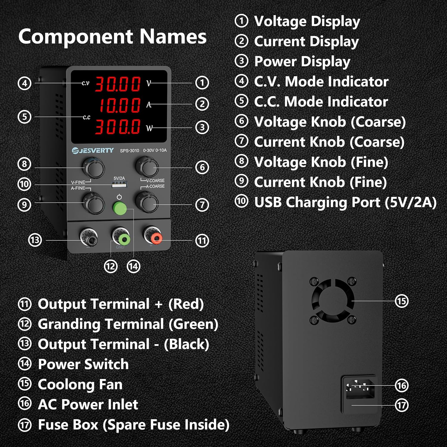 DC Power Supply Variable, 30V 10A Adjustable Switching Regulated DC Bench Power Supply with High Precision 4-Digits LED Display, 5V/2A USB Port, Coarse and Fine Adjustments AC240V Jesverty SPS-3010 image number 2