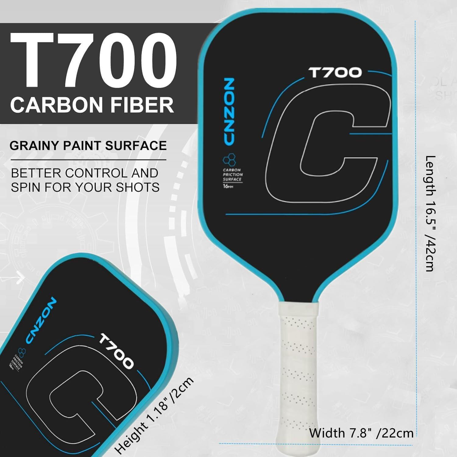 Pickleball Paddles, 16MM T700 Thermoformed Raw Carbon Fiber Pickleball Paddle, High Grit & Spin, Honeycomb Core, Elongated Handle, anti Slip Sweat Absorbing Grip, CNZON Pickleball Racket image number 4