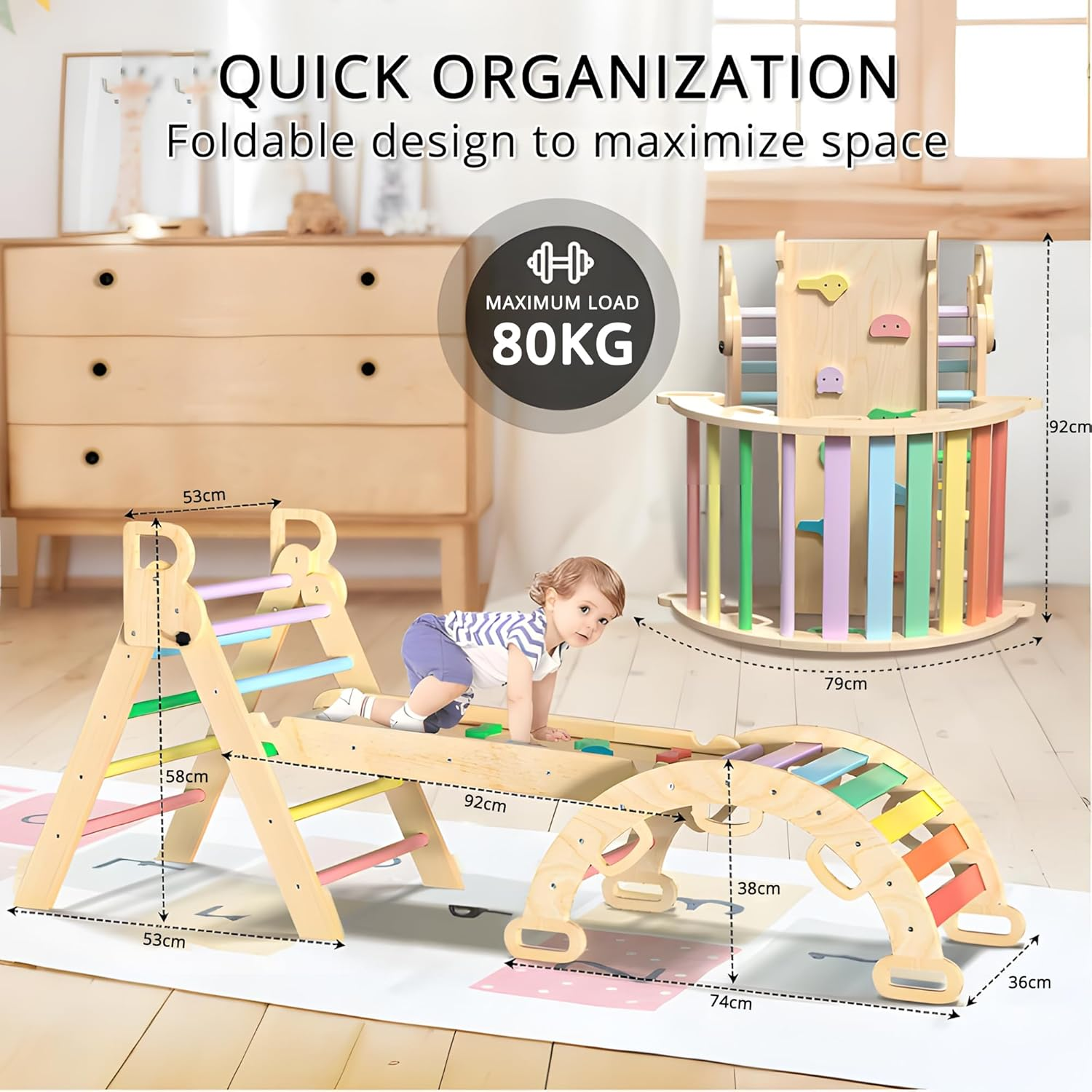 Kids Triangle Climbing Toys Set 7 in 1 Foldable Toddler Wooden Climbing Toys with Arch Ramp Ladder Baby Climber Indoor Jungle Gyms for Toddlers - Rainbow image number 1