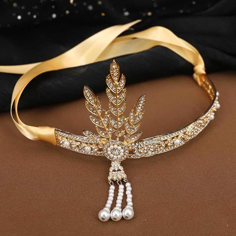 1920S Flapper Rhinestones Pearls Feather Headband Vintage Gatsby Headpiece Crystal Hair Headband for Party Festival Wedding Costume - Gold With Feather image number 3