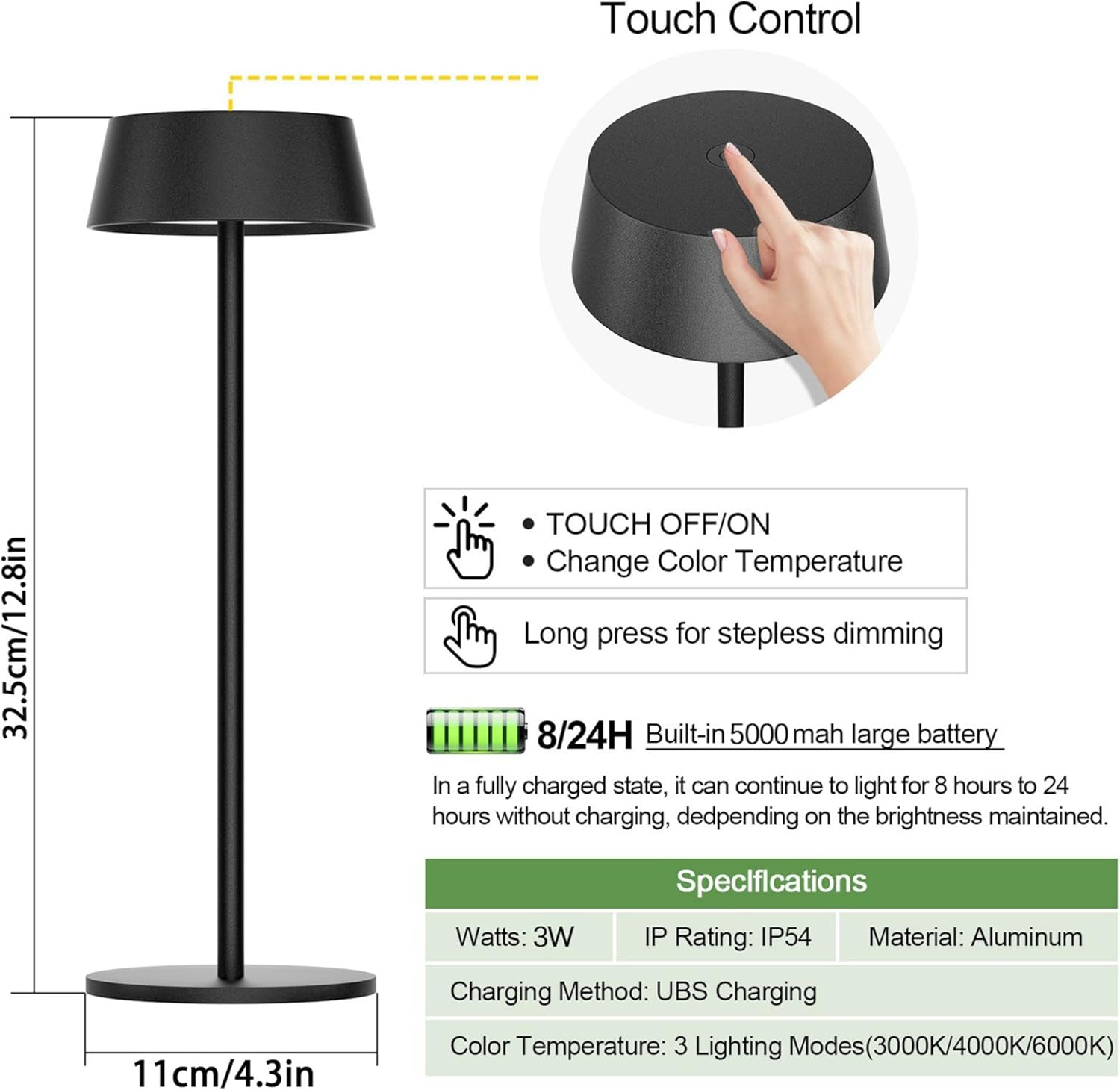 Klighten Pack of 2 LED Dimmable Battery Table Lamp Wireless Touch Metal Aluminium Battery Operated Black Table Lamp IP54 Waterproof Outdoor Portable Table Lamp for Indoor / Outdoor Use, 3000 K ~ 6000 image number 3