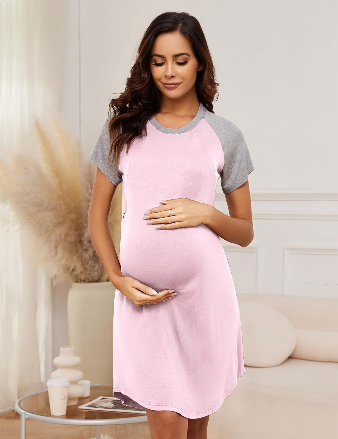 Women Sleepshirts 3 in 1 Delivery/Labor/Maternity/Nursing Nightgown Short Sleeve Breastfeeding Sleep Dress Light Pink Light Grey Small
