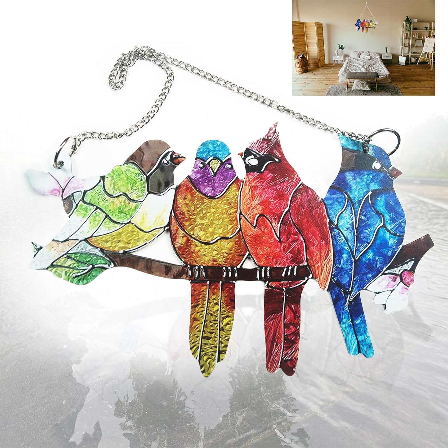 VNRGG Stained Birds on Branch Ornaments Double Sided Metal Texture Sculpture Art Home Indoor or Outdoor Wall Hanging Decor image number 3