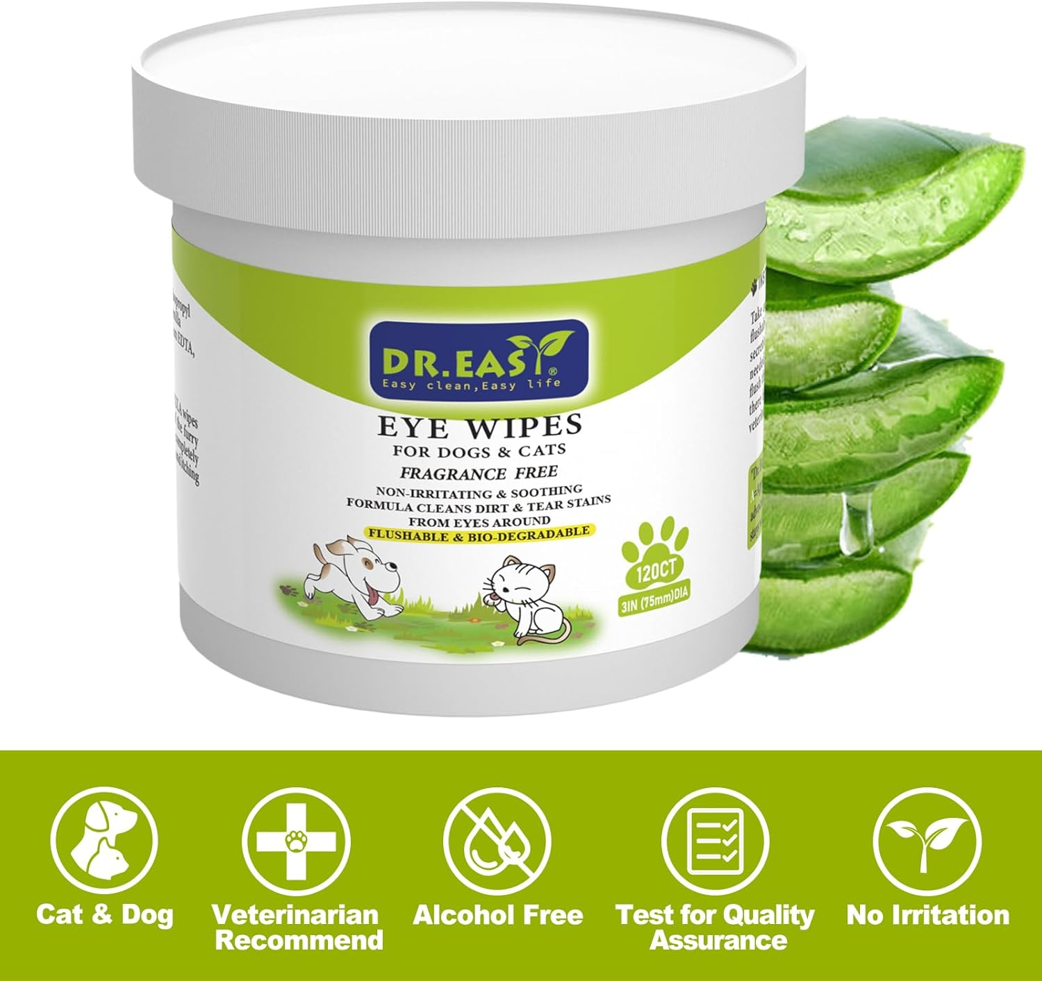 DR.EASY Pet Eye Wipes 120 Ct for Dog Cat Horse & Rabbit Grooming,Tear Stain Remover,Puppy Kitty Eye Wash,Remove Dirt Crust Dried Mucus Discharge Secretions, Unscented Soft & Gentle,Plant Based Formula (Pack of 1) image number 5