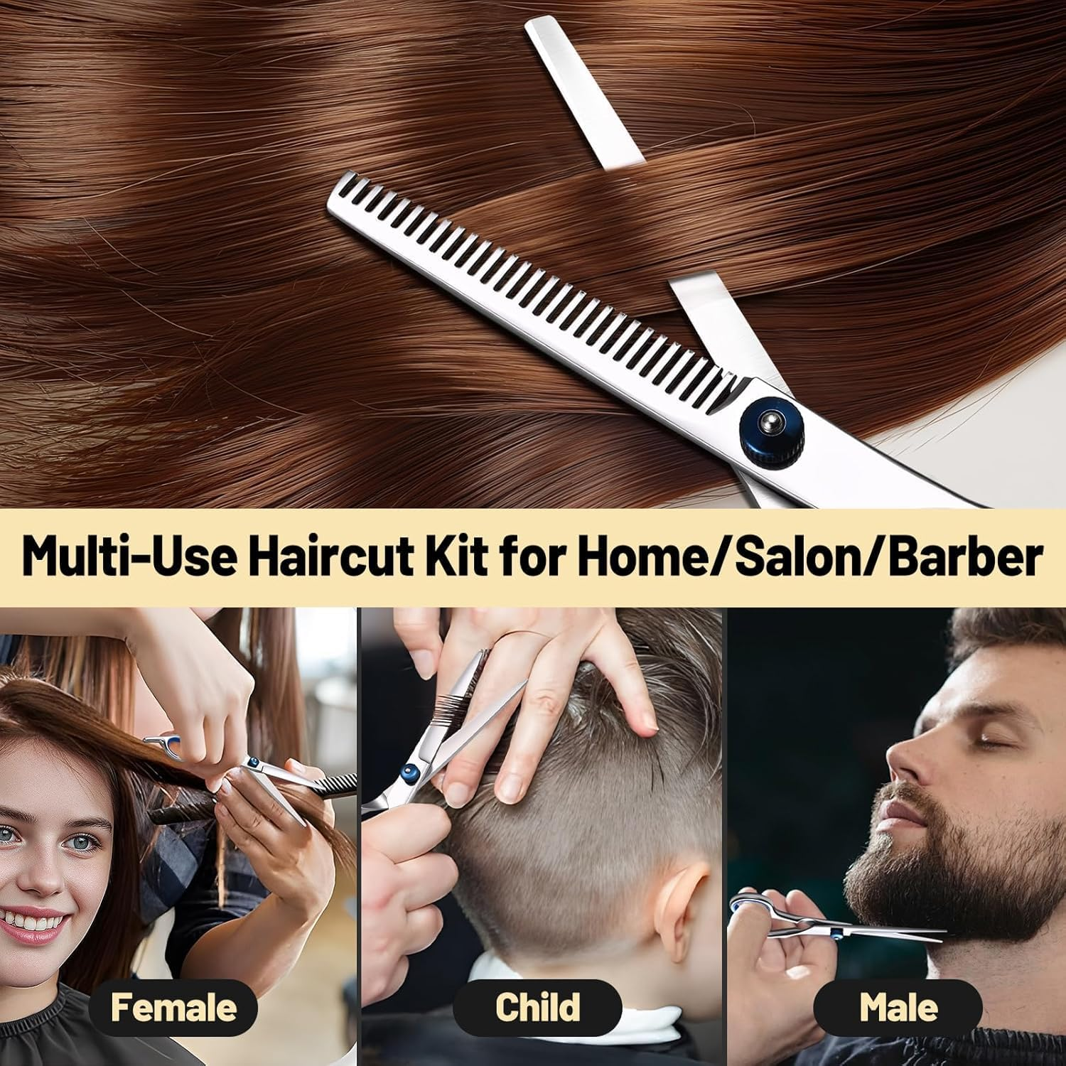 Professional Hair Cutting Scissors-15 Pcs Barber Thinning Scissors Hairdressing Shears Stainless Steel Barber Haircut Scissors Hair Cutting Kit with Cape Clips Comb Hair Band for Women, Men image number 3