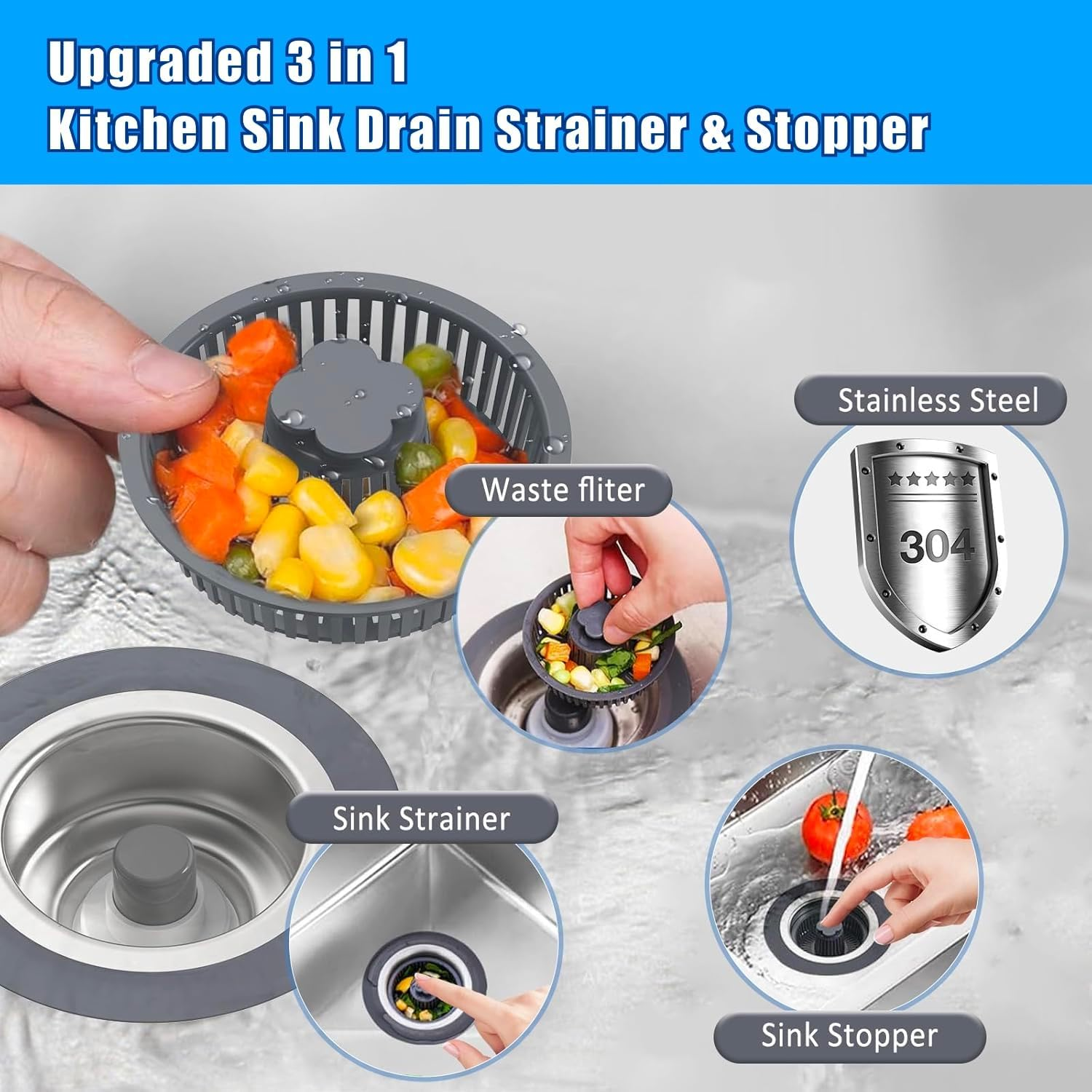 2 Pcs Kitchen Sink Drain Strainer, Upgraded 3 in 1 Kitchen Sink Drain Strainer Set, 304 Stainless Steel Sink Stopper, Silicone Anti-Clogging Catcher Basket,3-Layer Leak-Proof Silicone Ring Filter image number 6
