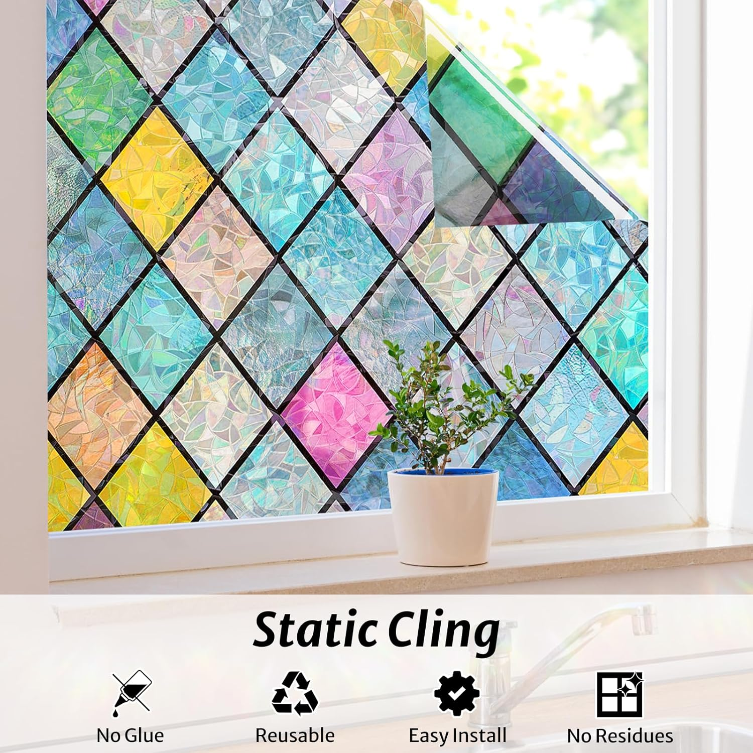 Rabbitgoo Stained Glass Window Film Rainbow Film Decorative 3D Privacy Sticker Colorful Lattice Window Decals Cling, Sun Catcher Static Decals for Home 90X200Cm image number 2