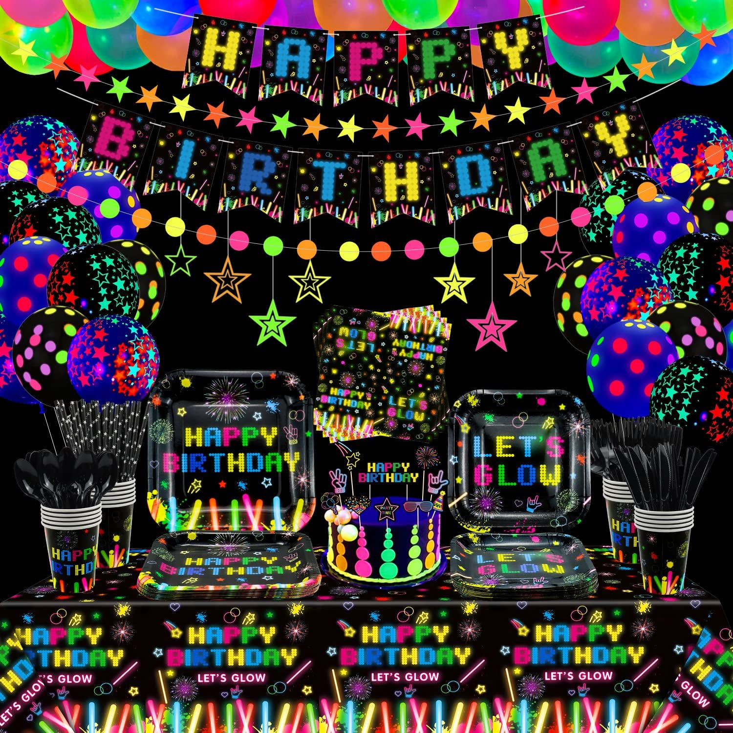 224 PCS Glow Neon Party Supplies Neon Glow Tableware Set Neon Balloon Glow in the Dark Birthday Banner Hanging Swirl Cake Toppers for Blacklight Party Decoration Serves 20 (Glow Set A) image number 5