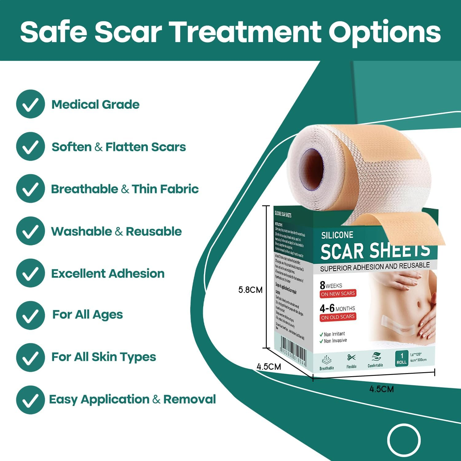 Silicone Scar Sheets(1.6'' X 60''Roll-1.5M), Necomi Professional Silicone Scar Tape Roll, for Softening & Flattening Scars, Reusable Scar Removal Strips for C-Section, Keloid, Burn, Acne, Surgical image number 6