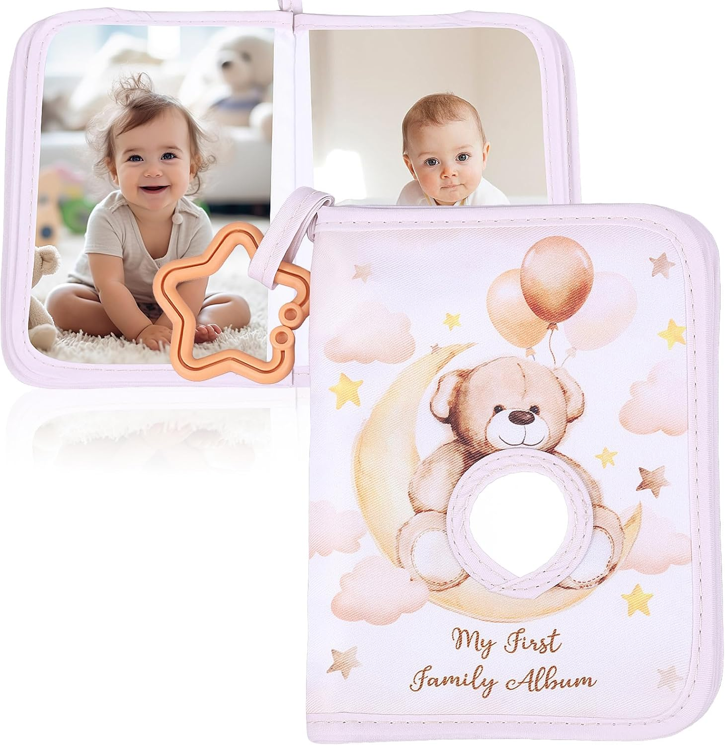 Soft Cloth Baby Photo Album Safe Baby Memory Album Book with Mirror Cute Toddler Family Memory Picture Book Holds 17 Pictures for Kids Newborn Toddlers (Khaki)