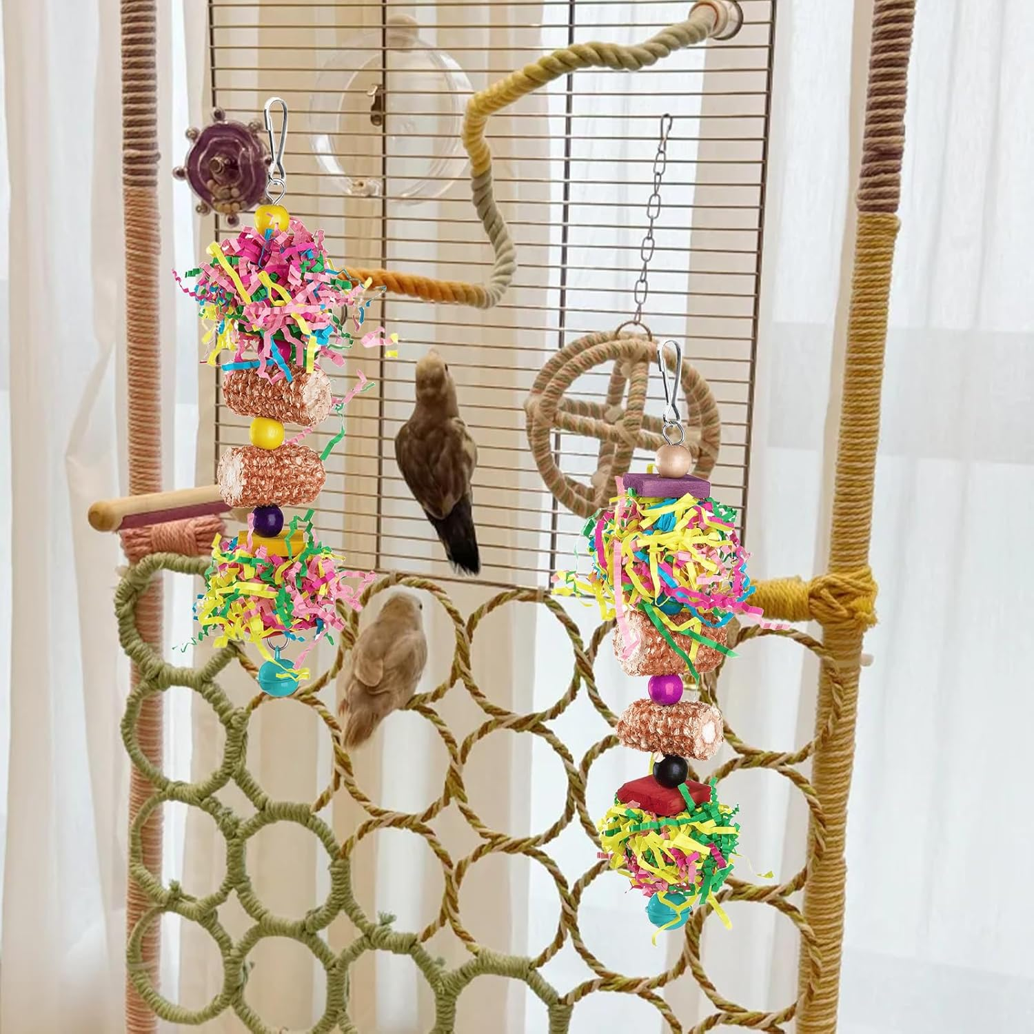 Widenlise 2 Pcs Bird Toys, Bird Shredding Toys, Parrot Chewing Toys, Cockatiel Toys, Include Natural Corn Cob Bells, Hanging Foraging Shredder Toy for Parakeets Budgies, Conures, Finches, A - A image number 2