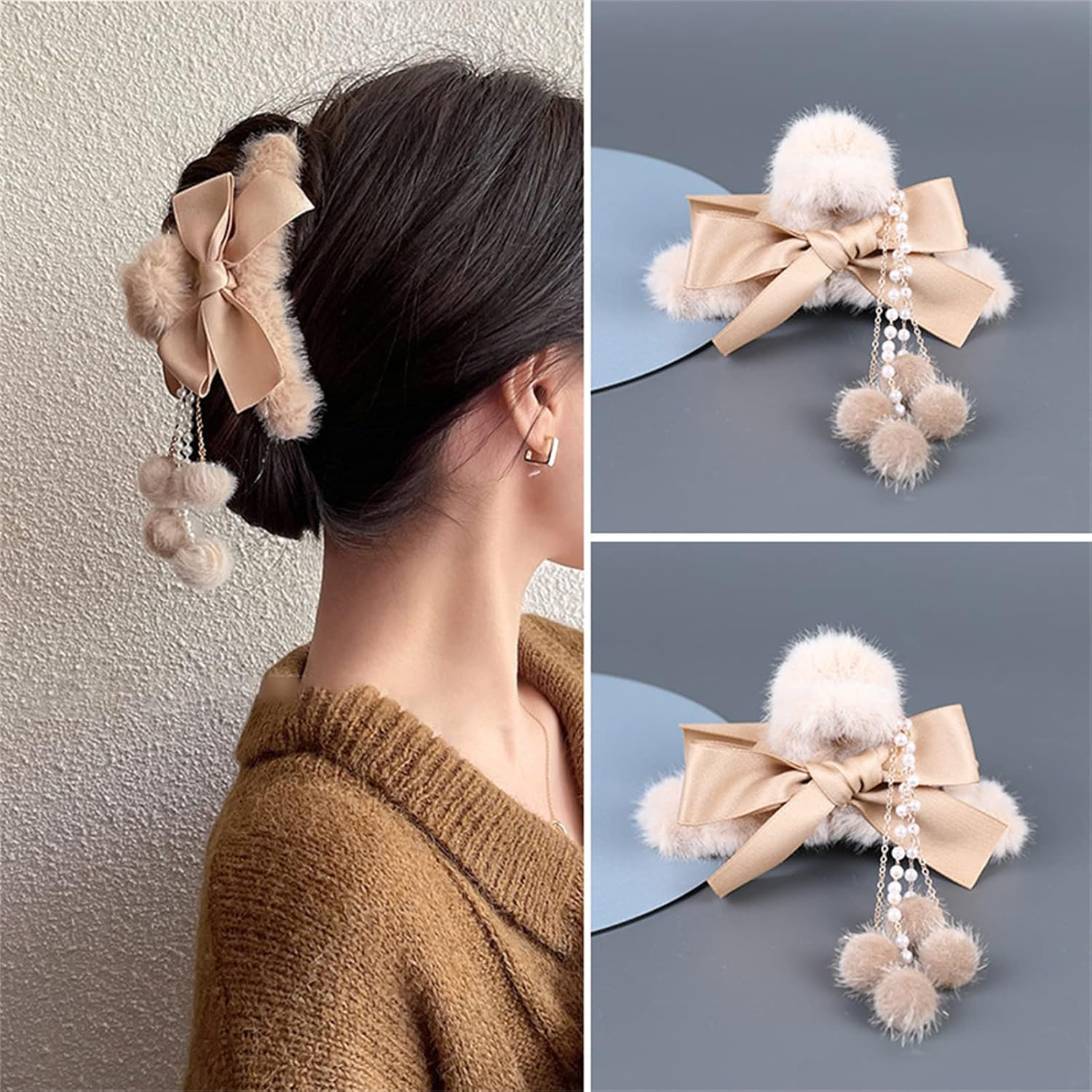 Woman Hair Clips for Winter Use, Girls Women Hair Accessories, Plush Hair Claw Clips,Bowknot image number 6
