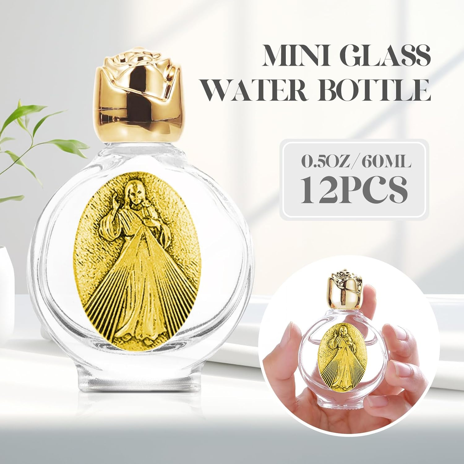 12 Pcs Embossed Holy Water Bottles 0.5 Floz Glass Water Bottle Portable Holy Water Container Church Blessing Decorations Bottles for Home Wedding Baptism Party Favors (Divine Mercy, Silver)