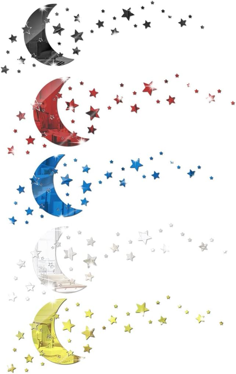 Moon and Stars Mirror Wall Stickers, Removable Acrylic Crescent and 146 PCS Stars Decals, 3D Art Wall Decoration for Baby Kid Bedroom Living Room Ceiling (Blue) - Black image number 6