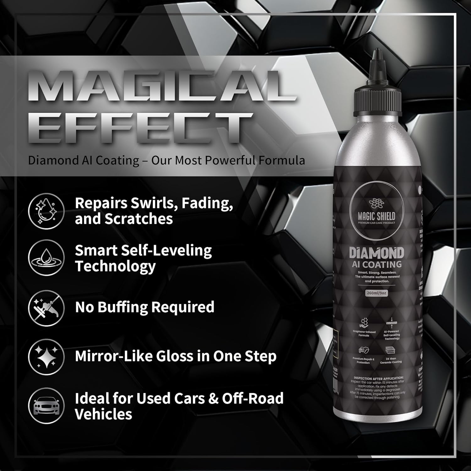 Magic Shield Diamond AI Coating &ndash; Graphene Liquid Self-Leveling Techology | Repairs & Protects | Last for 10 Years | High-Gloss Shine | Hydrophobic & Scratch-Resistant | for Car Paint, Headlights ONLY